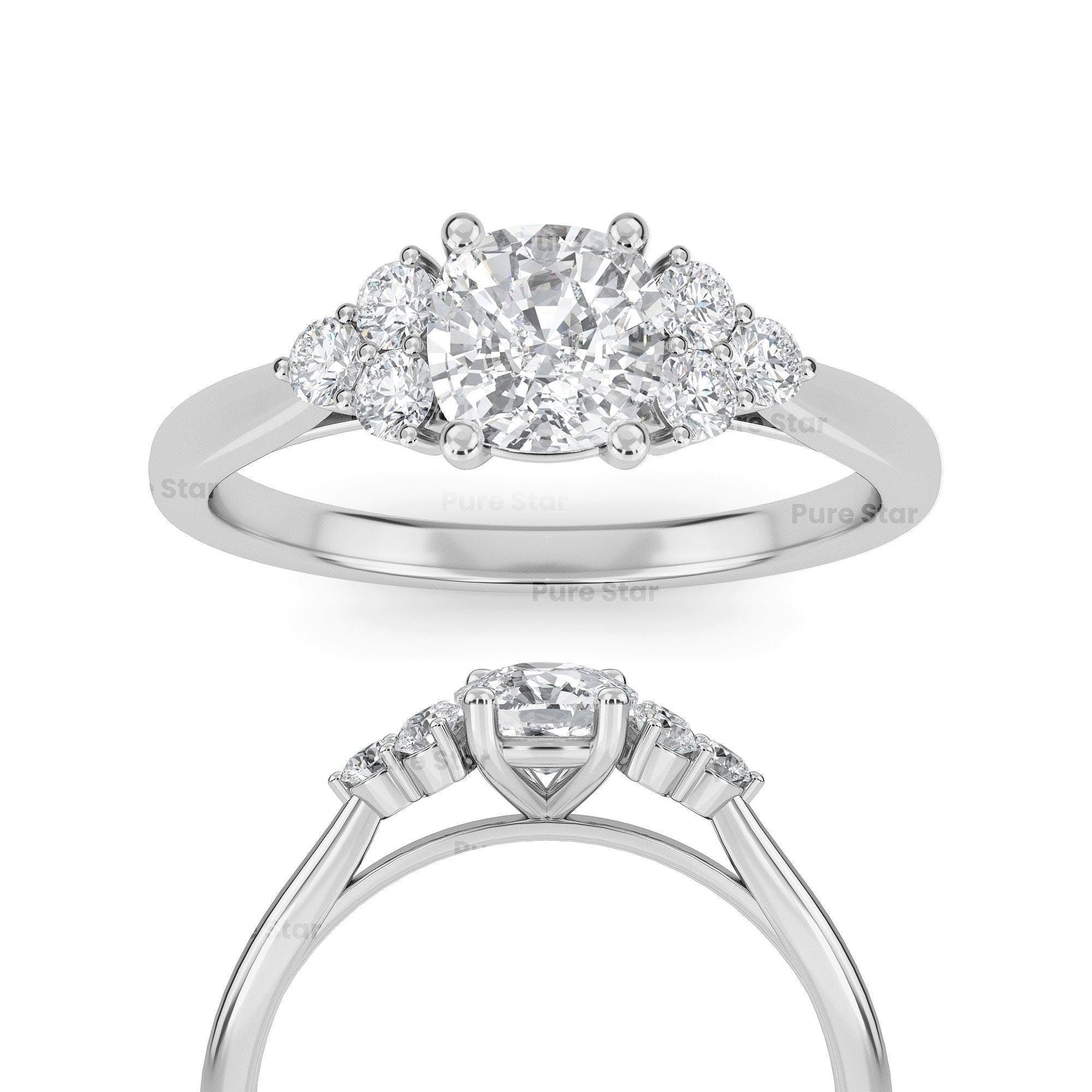 IGI Certified Cushion Cut Lab Grown Diamond Ring 14K White Gold Engagement Ring Hidden Halo Side Stone Bridal Ring
