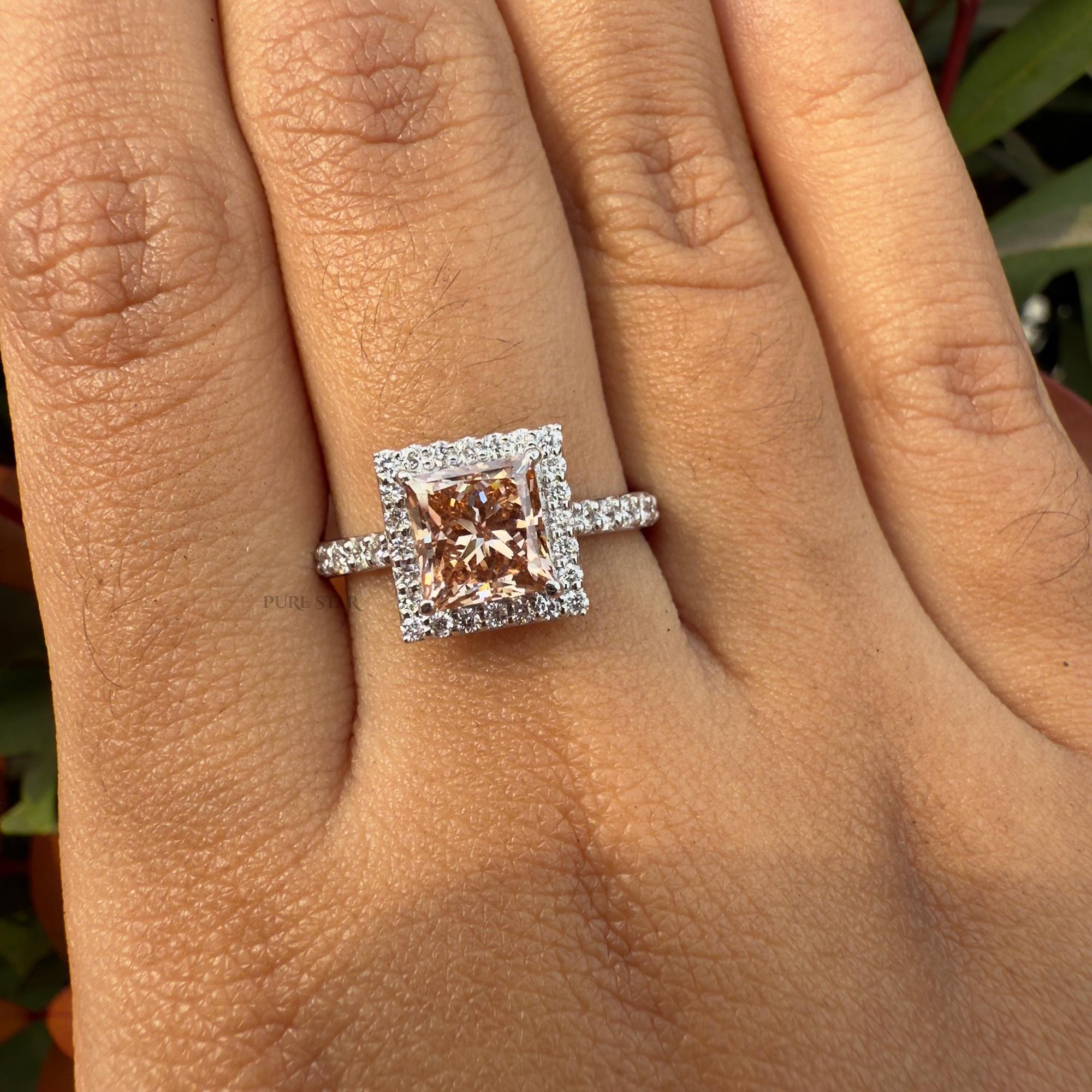 Pink Diamond Engagement Ring Princess Cut Halo Ring Lab Grown Diamond Ring Luxury Bridal Jewelry Gift for Her