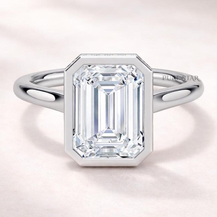 Emerald Bezel Hidden Halo Lab Grown Diamond Ring | Gold Engagement Ring for Women | Emerald Cut Proposal Ring
