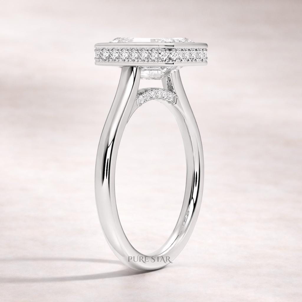 Emerald Bezel Hidden Halo Lab Grown Diamond Ring | Gold Engagement Ring for Women | Emerald Cut Proposal Ring