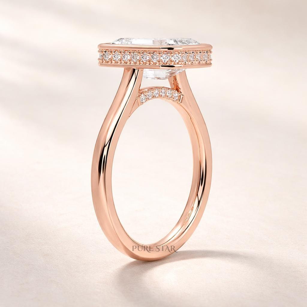 Emerald Bezel Hidden Halo Lab Grown Diamond Ring | Gold Engagement Ring for Women | Emerald Cut Proposal Ring
