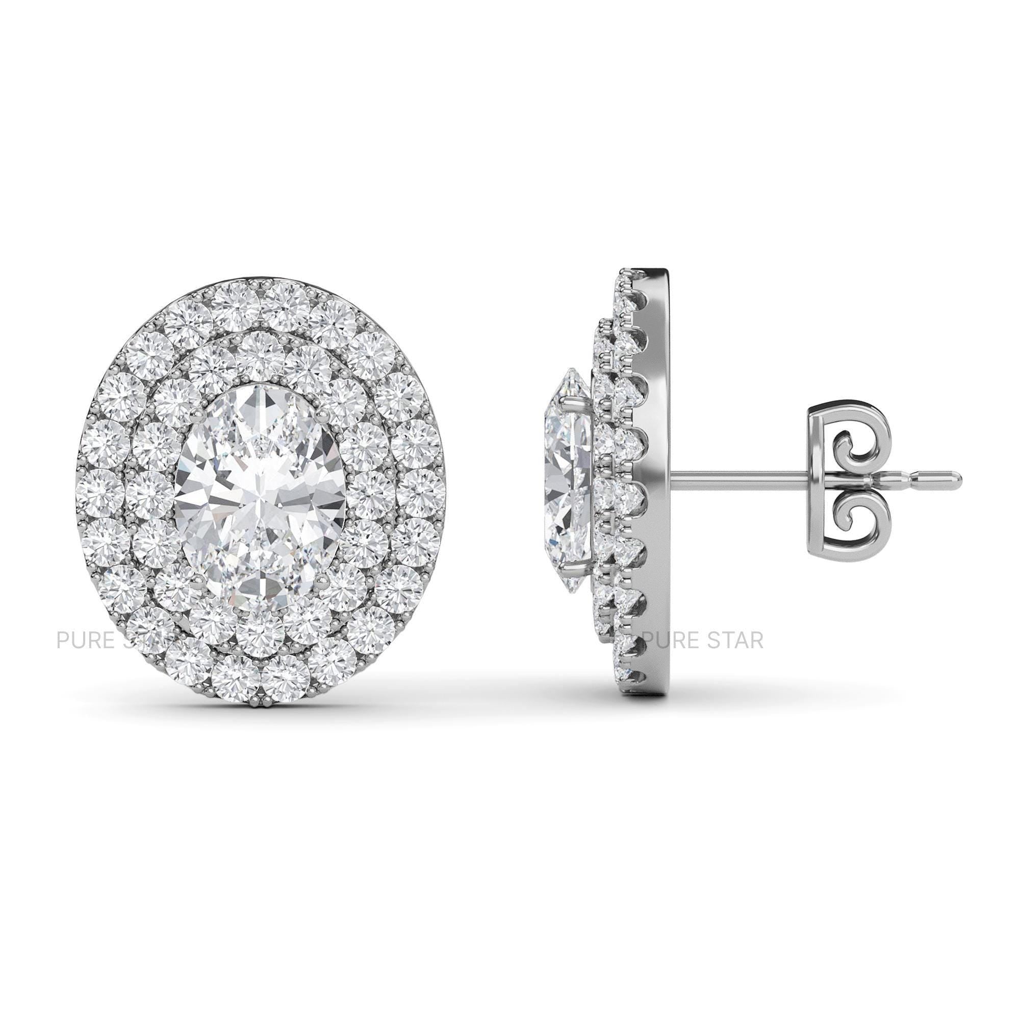 Oval Lab Grown Diamond Earrings, Double Halo Lab Diamond Earrings, Push Back Earrings, Gift for Her, Earrings for Women, Anniversary Gift