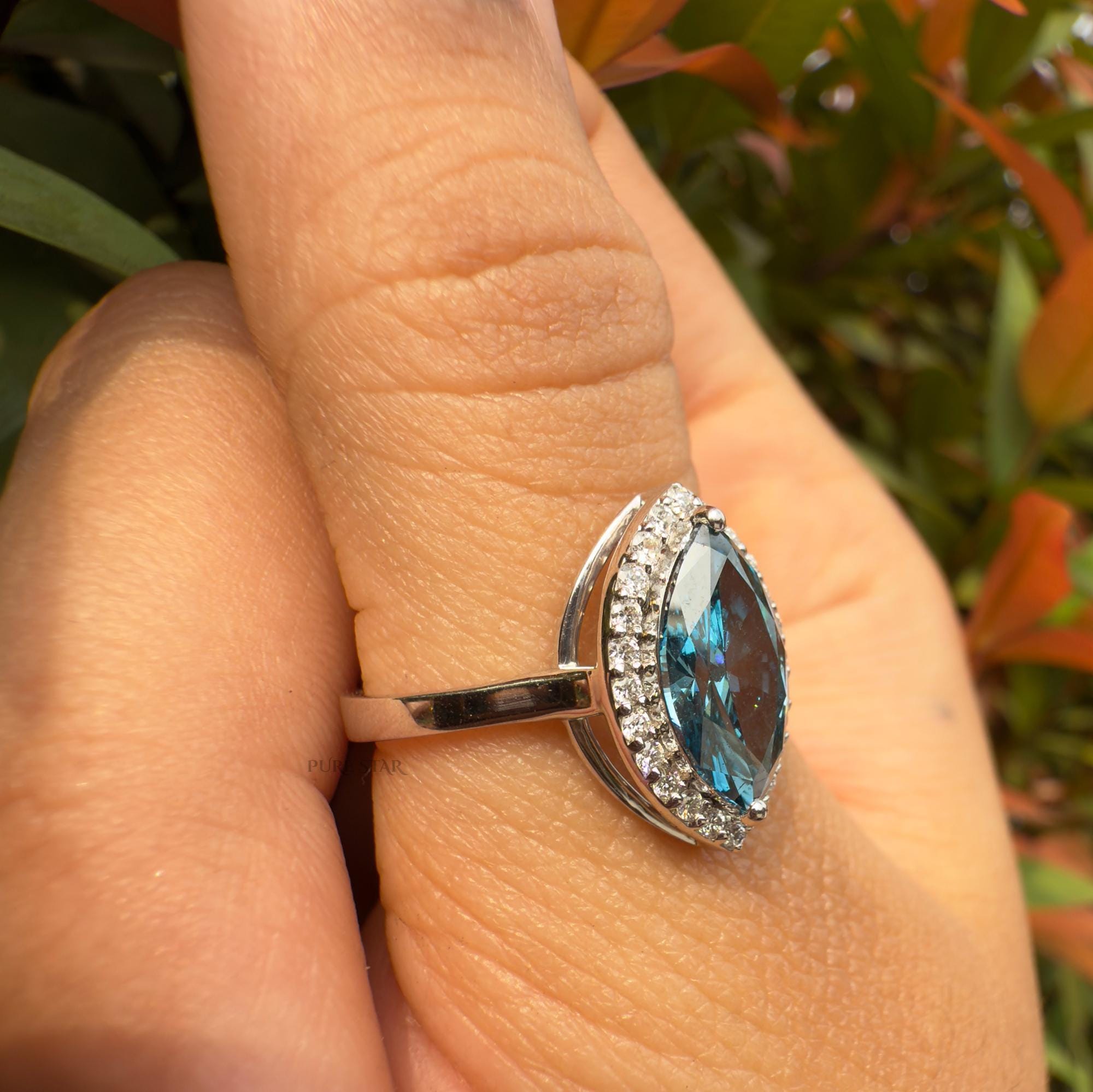 Cyan Blue Diamond Ring, Marquise Halo Engagement Ring, Lab Grown Fancy Intense Blue Diamond Ring, Unique Luxury Bridal Jewelry Gift