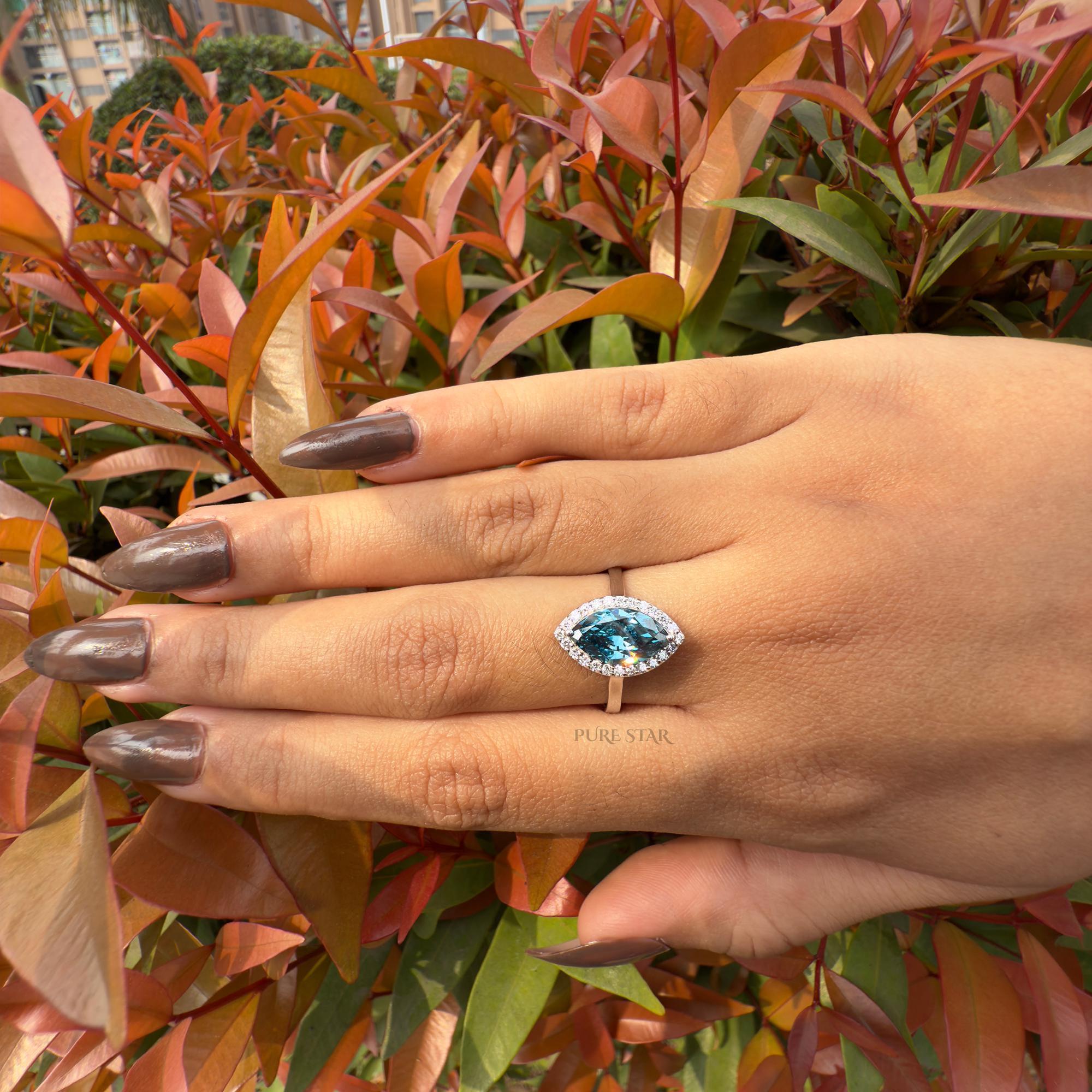 Cyan Blue Diamond Ring, Marquise Halo Engagement Ring, Lab Grown Fancy Intense Blue Diamond Ring, Unique Luxury Bridal Jewelry Gift