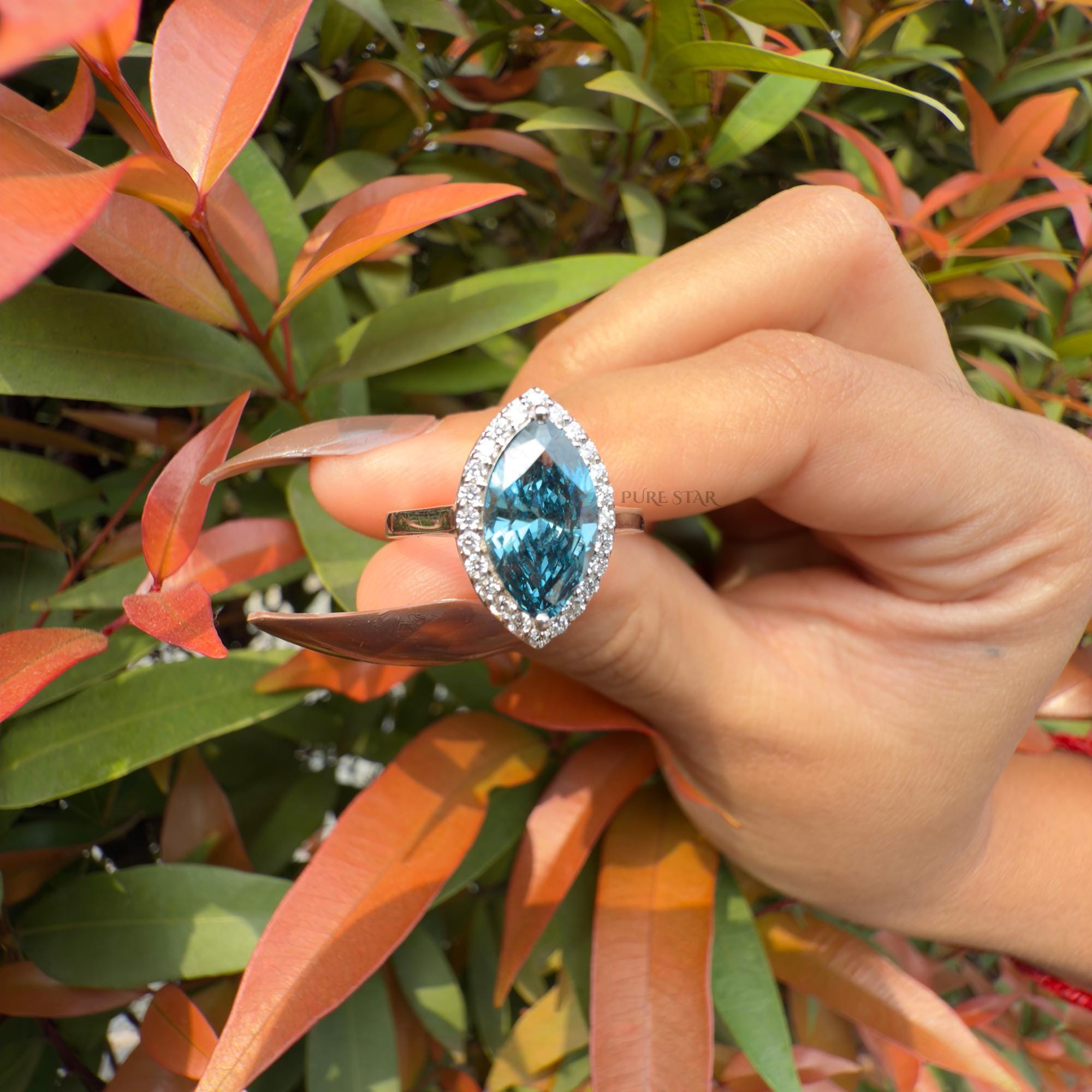 Cyan Blue Diamond Ring, Marquise Halo Engagement Ring, Lab Grown Fancy Intense Blue Diamond Ring, Unique Luxury Bridal Jewelry Gift