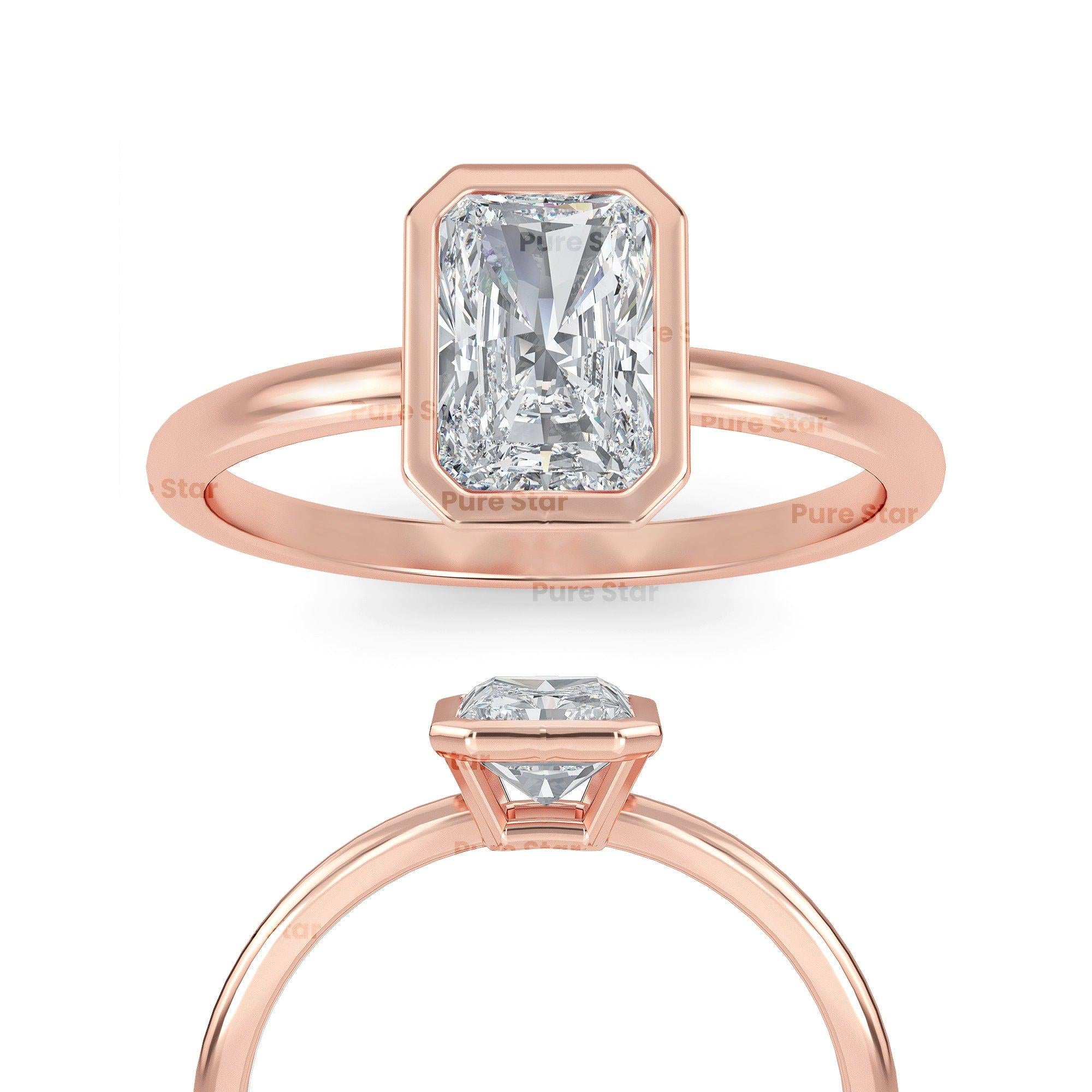 Radiant Cut Lab Grown Diamond Engagement Ring Yellow Gold Bezel Solitaire Radiant Lab Diamond Bezel Set Solitaire Anniversary Gift Ring