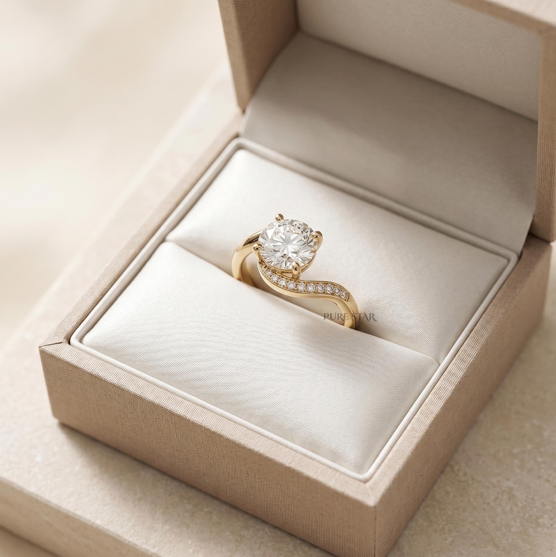 Twisted 1.5Ct Round Lab Grown Diamond Engagement Ring 14K Gold | Unique Horizontal Setting Promise Ring | Modern Wedding Ring for Her Gift