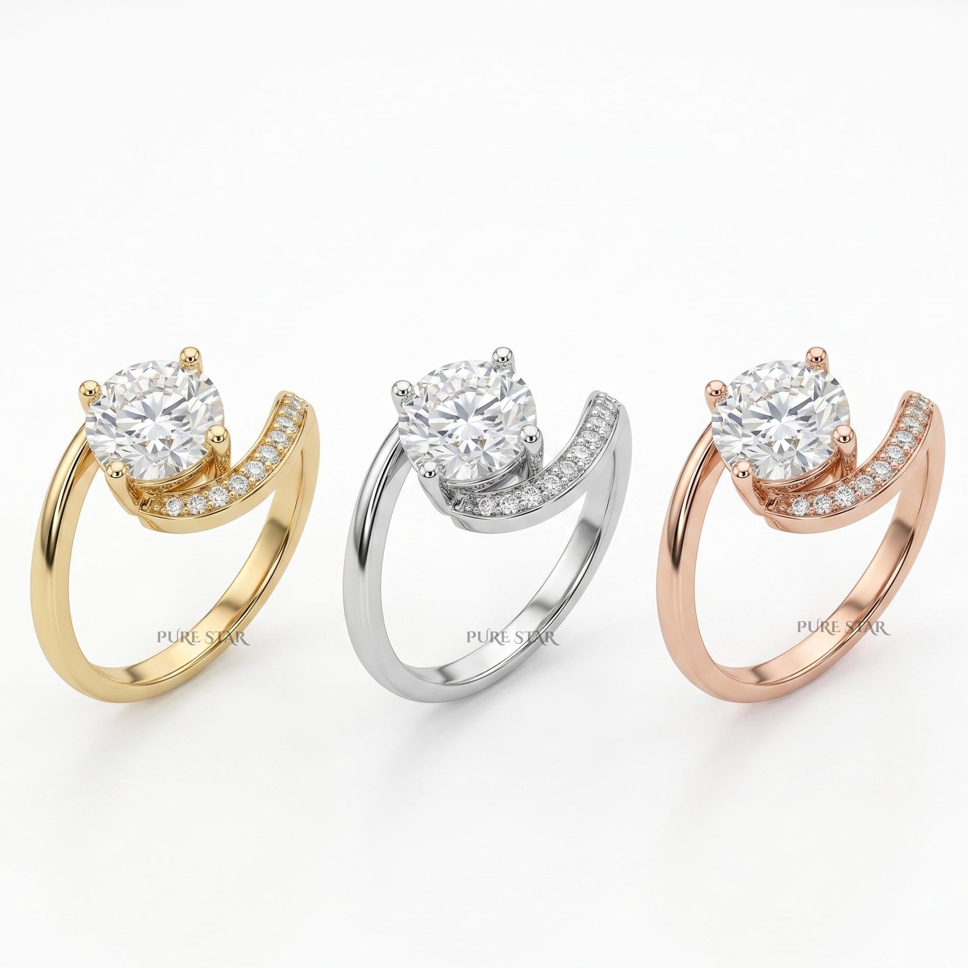 Twisted 1.5Ct Round Lab Grown Diamond Engagement Ring 14K Gold | Unique Horizontal Setting Promise Ring | Modern Wedding Ring for Her Gift