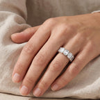 Half Eternity Emerald Cut Lab Grown Diamond Ring 14K Gold Bezel Setting, 7 Stone Wedding Band, Stacking Ring, Anniversary Gift for Her