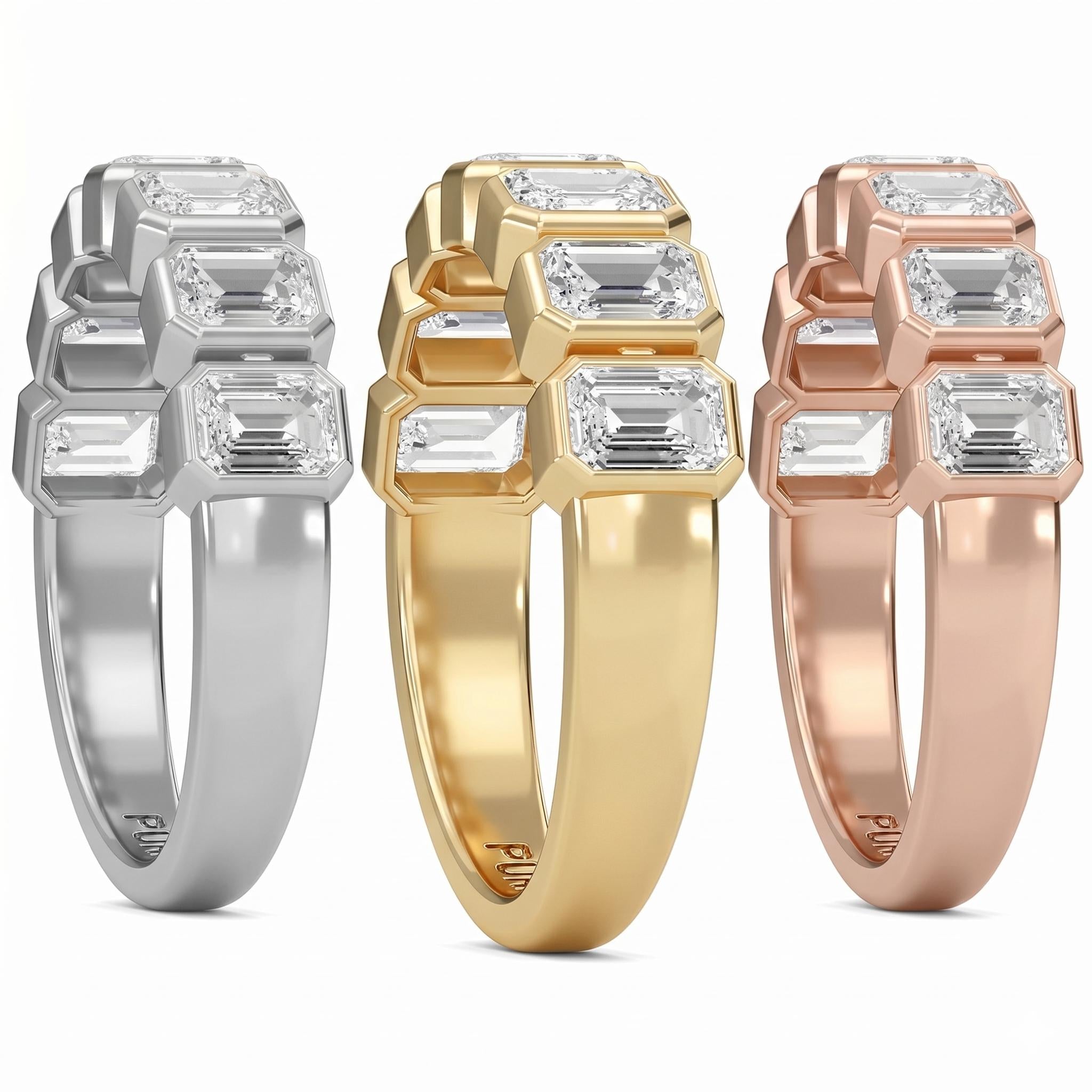 Half Eternity Emerald Cut Lab Grown Diamond Ring 14K Gold Bezel Setting, 7 Stone Wedding Band, Stacking Ring, Anniversary Gift for Her