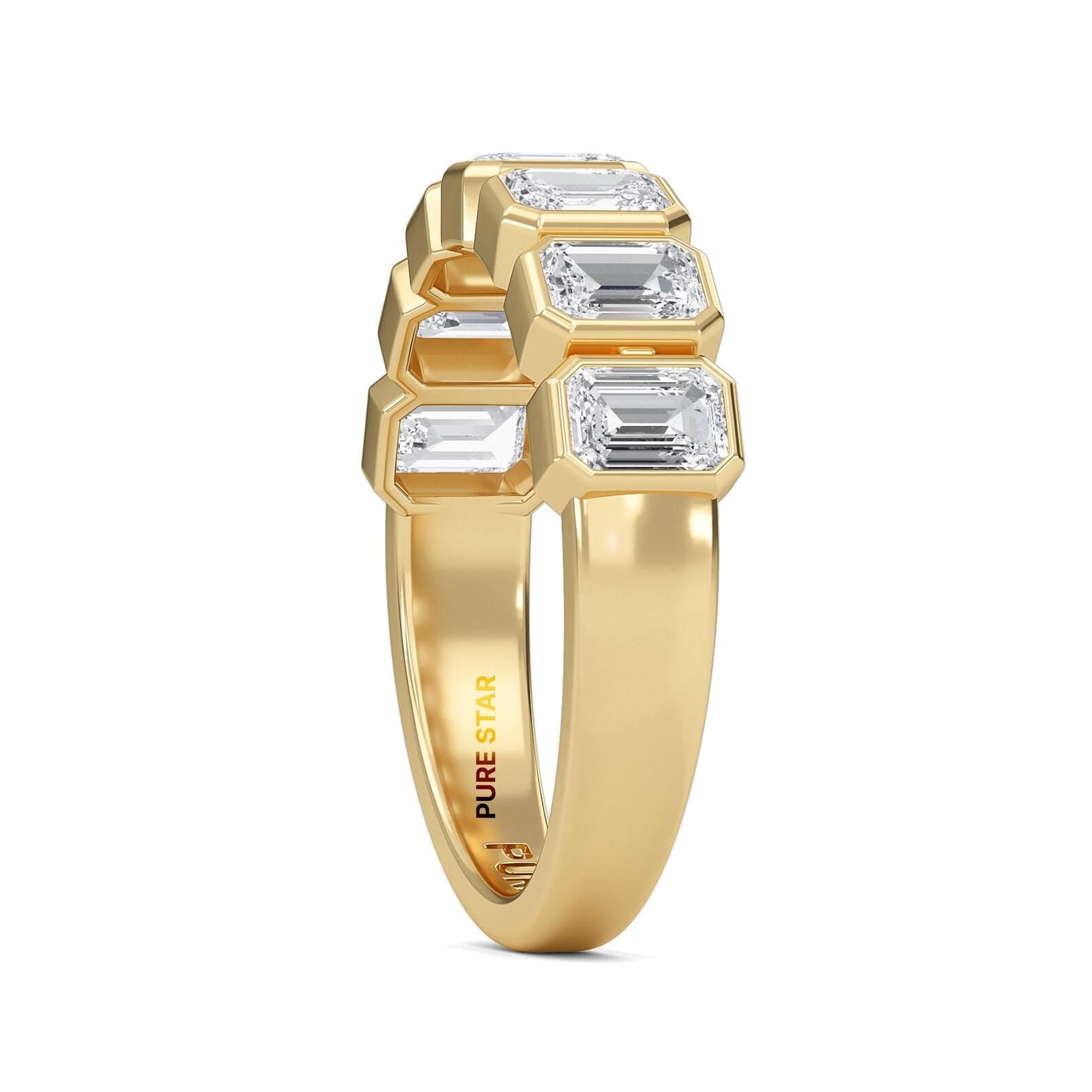 Half Eternity Emerald Cut Lab Grown Diamond Ring 14K Gold Bezel Setting, 7 Stone Wedding Band, Stacking Ring, Anniversary Gift for Her
