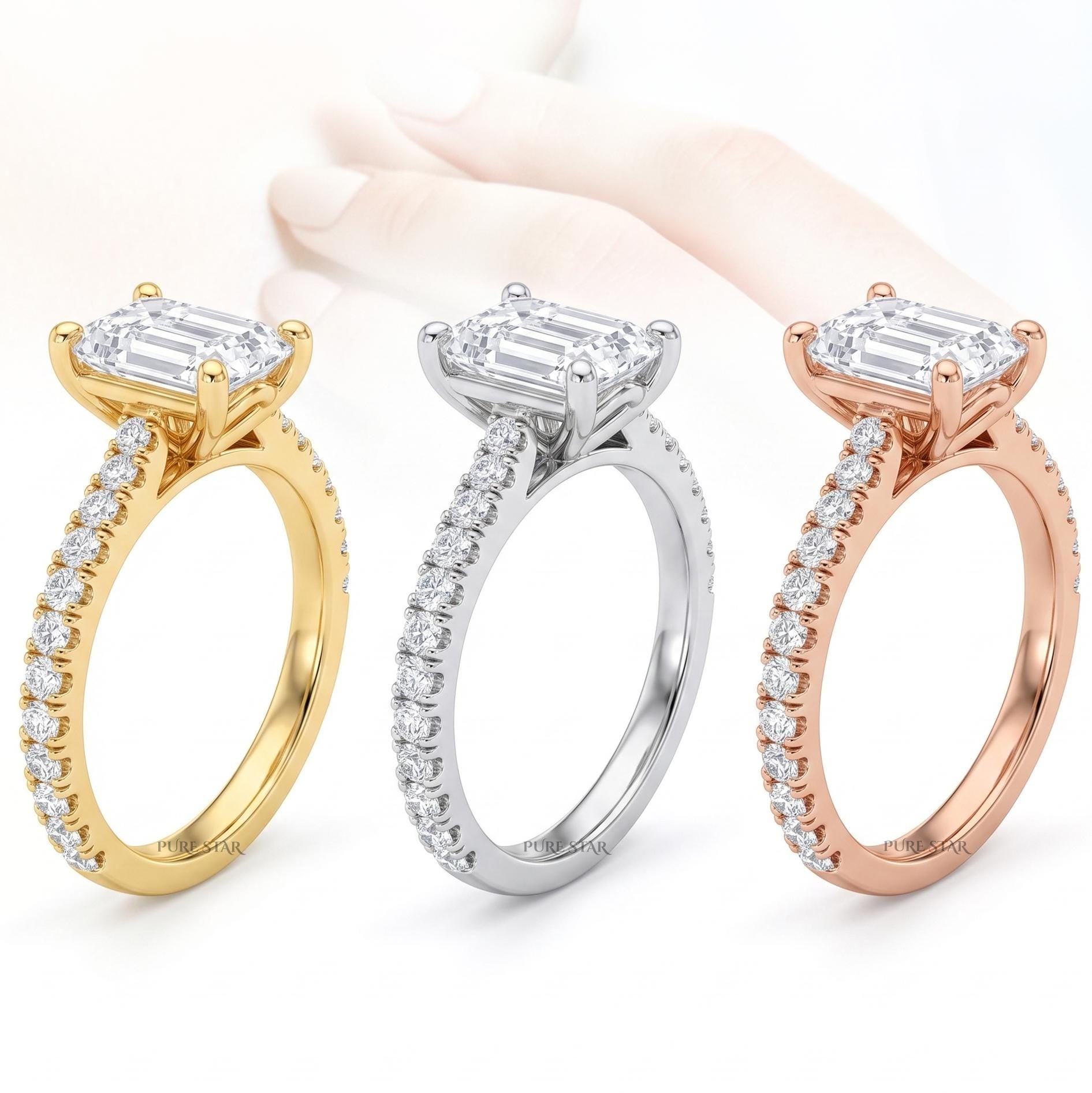 14K Gold Emerald Cut Diamond Engagement Ring Anniversary Gift Ring Halo Wedding Ring for Her Real Lab Grown Diamond Promise Ring