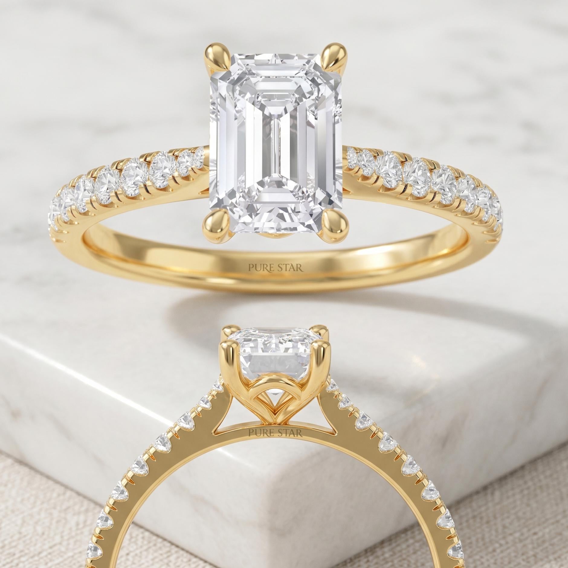 14K Gold Emerald Cut Diamond Engagement Ring Anniversary Gift Ring Halo Wedding Ring for Her Real Lab Grown Diamond Promise Ring