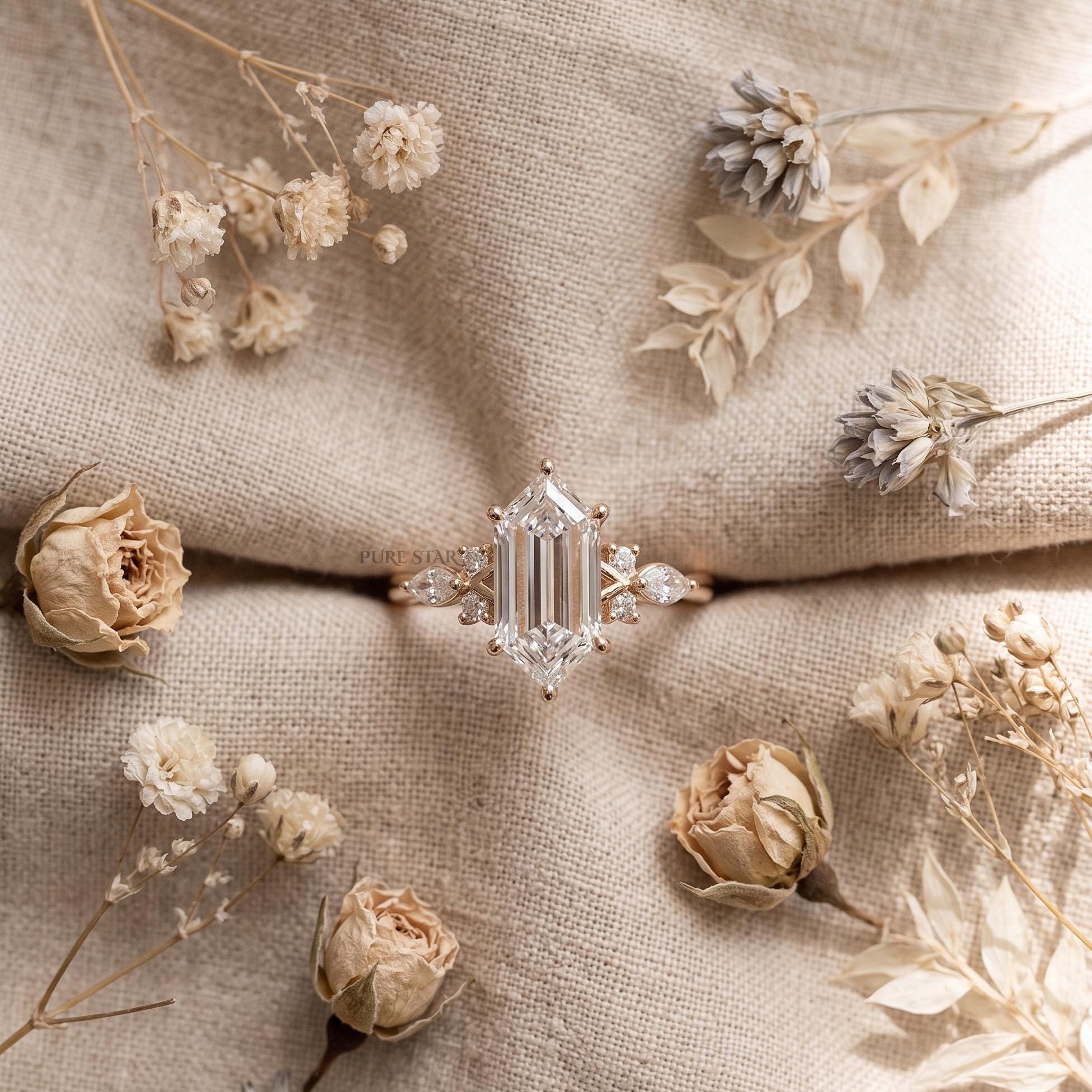 2 Carat Elongated Hexagon Cut Lab Grown Diamond Ring, IGI Certified Engagement Ring, Unique Geometric Wedding Ring for Women, 14K 18K Gold