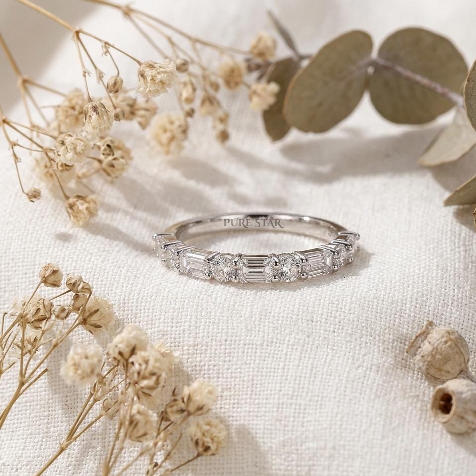 Emerald & Round Lab Grown Diamond Wedding Band 14K Gold, Half Eternity Diamond Ring, Matching Engagement Ring Band, Bridal Stacking Ring