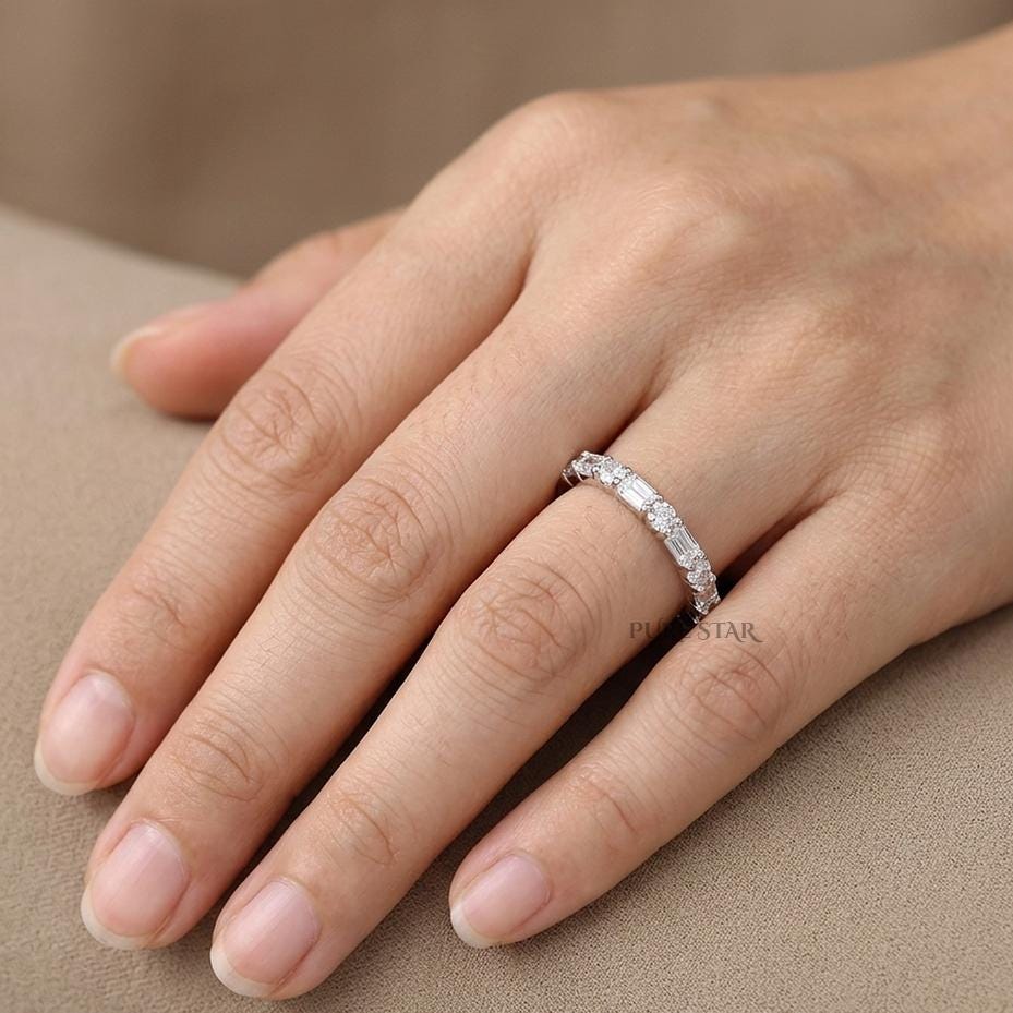 Emerald & Round Lab Grown Diamond Wedding Band 14K Gold, Half Eternity Diamond Ring, Matching Engagement Ring Band, Bridal Stacking Ring