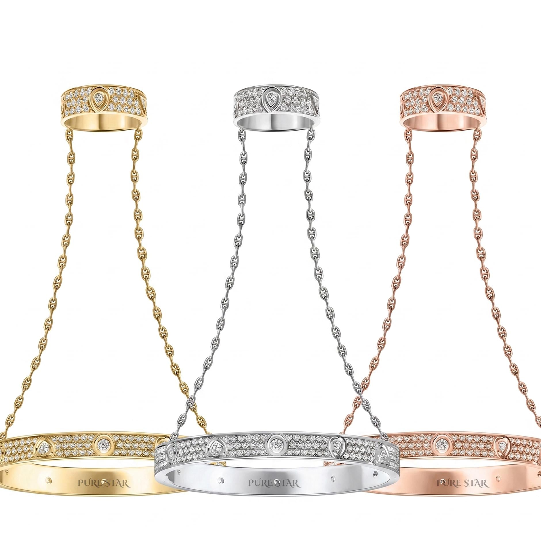 14K Solid Gold Diamond Hand Chain Bracelet, Lab Grown Pear & Round Cut Diamonds, Hand Harness Bracelet, Bridal Hand, Dainty Gold Hand Chain