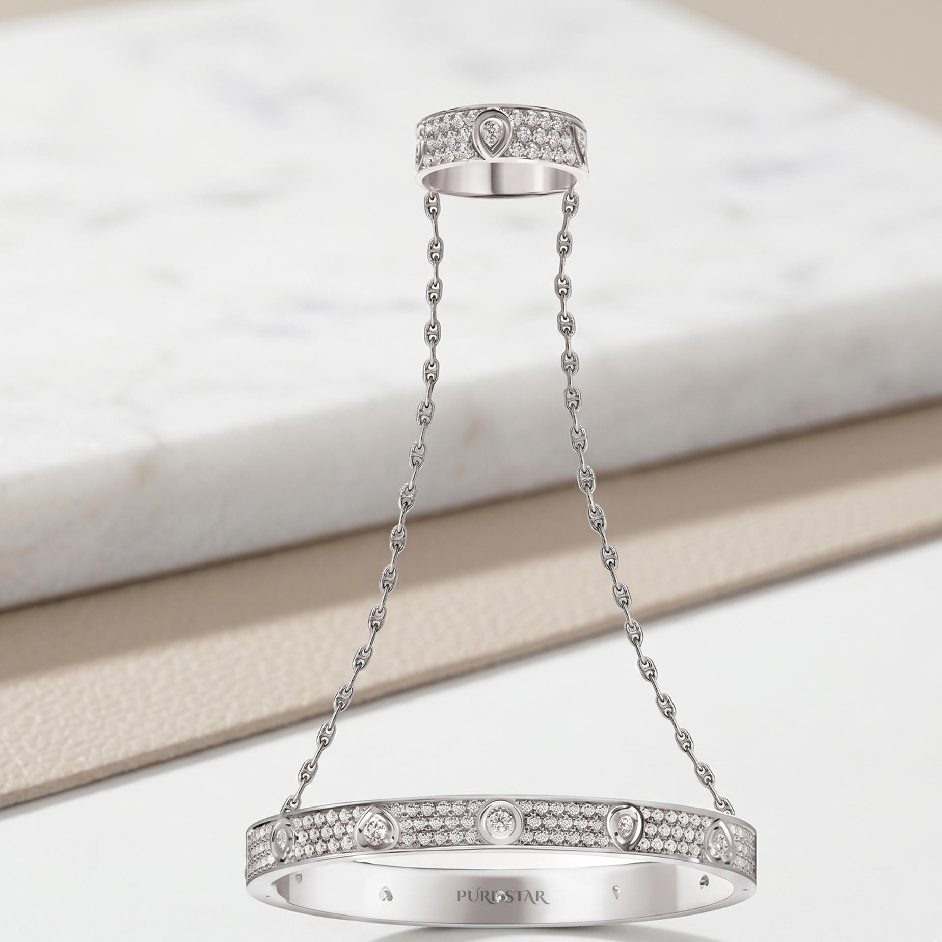 14K Solid Gold Diamond Hand Chain Bracelet, Lab Grown Pear & Round Cut Diamonds, Hand Harness Bracelet, Bridal Hand, Dainty Gold Hand Chain