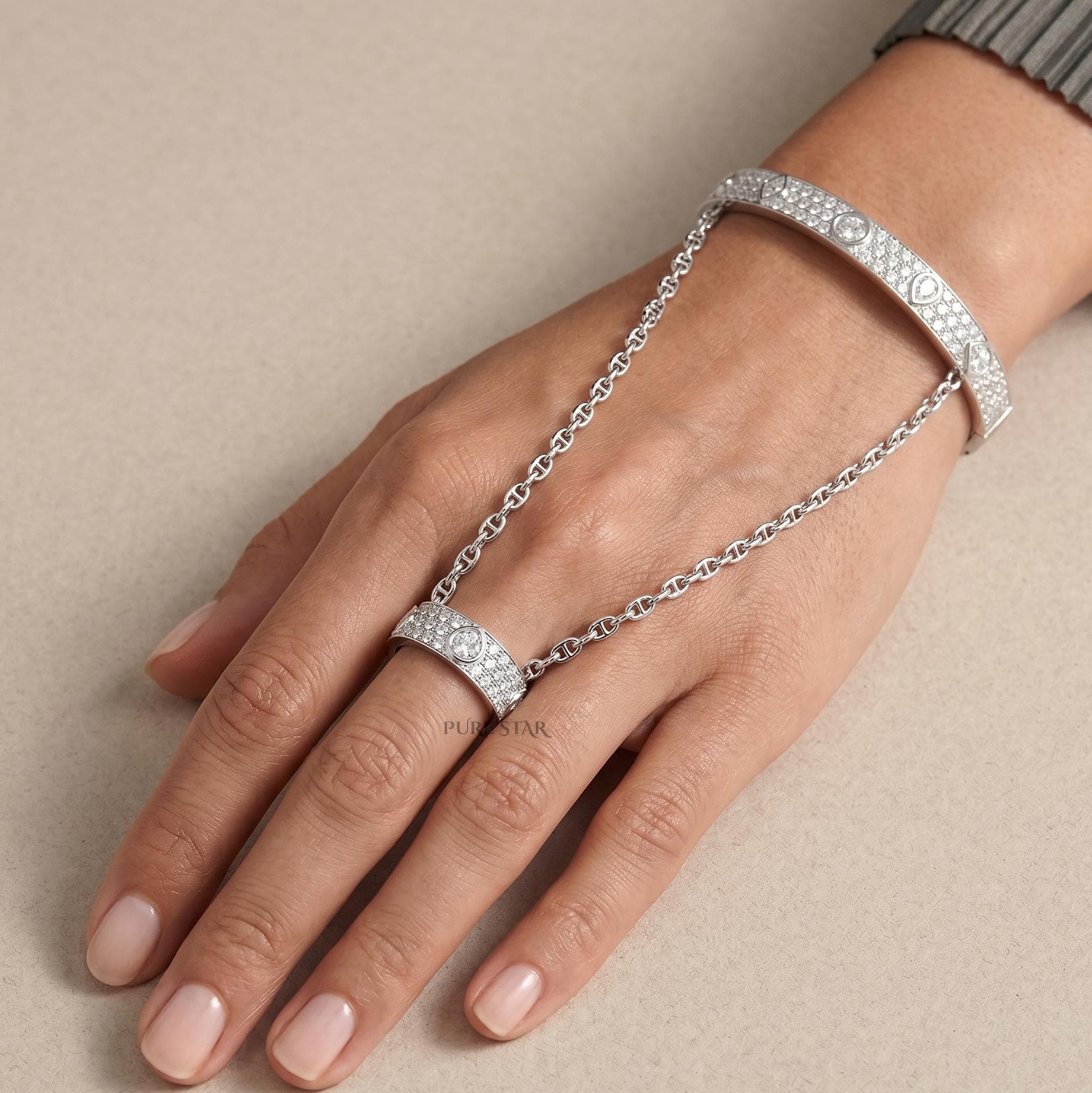 14K Solid Gold Diamond Hand Chain Bracelet, Lab Grown Pear & Round Cut Diamonds, Hand Harness Bracelet, Bridal Hand, Dainty Gold Hand Chain
