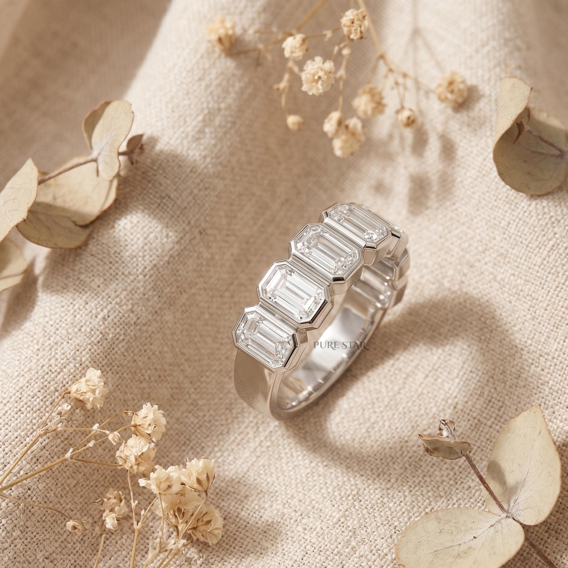 Half Eternity Emerald Cut Lab Grown Diamond Ring 14K Gold Bezel Setting, 7 Stone Wedding Band, Stacking Ring, Anniversary Gift for Her