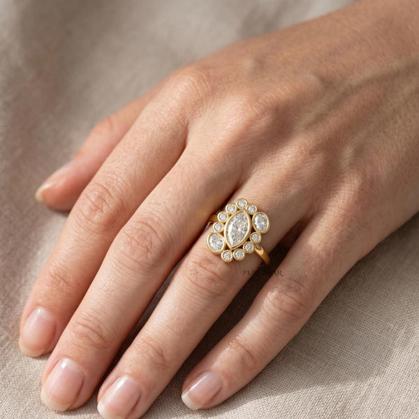 Dainty Marquise Lab Diamond Ring Vintage Halo Bezel Engagement Ring Art Deco Oval Round Diamond Elegant Proposal Gift for Her