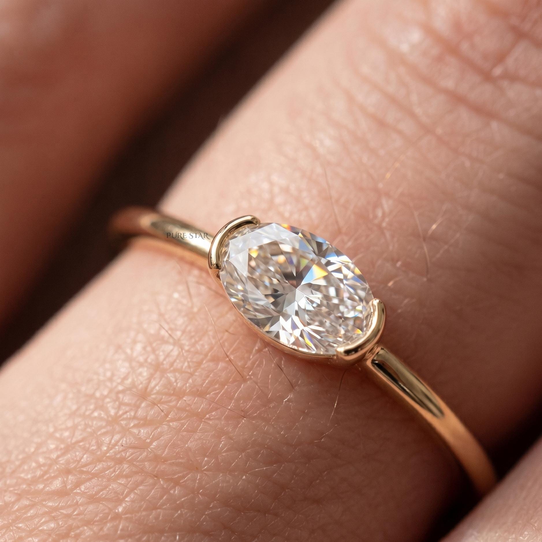 Oval Lab Grown Diamond Half Bezel Ring in Solid Gold, Dainty Oval Diamond Ring, Minimalist Wedding Band, Thin Pinky Ring, Anniversary Ring