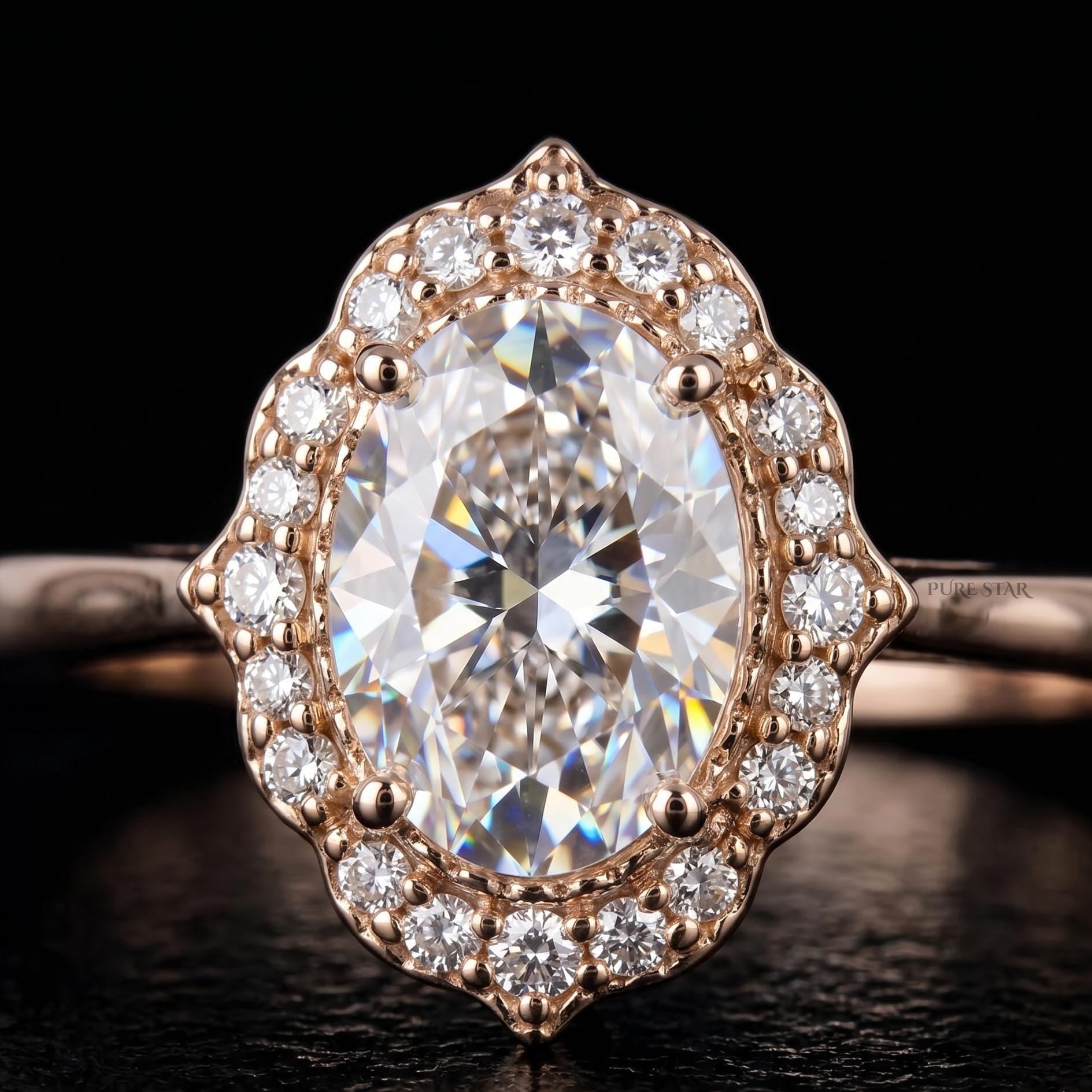Oval Cut Lab Grown Diamond Ring 14K Gold Halo Engagement Ring Vintage Wedding Ring Anniversary Gift for Her Bridal Ring