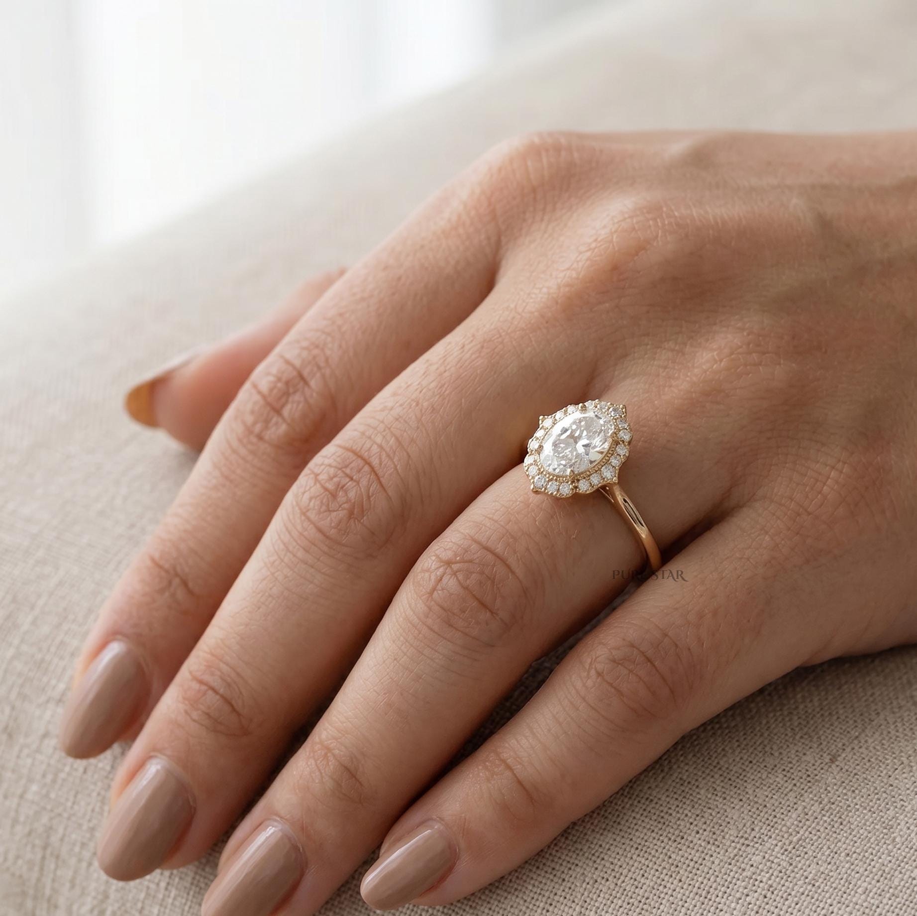 Oval Cut Lab Grown Diamond Ring 14K Gold Halo Engagement Ring Vintage Wedding Ring Anniversary Gift for Her Bridal Ring