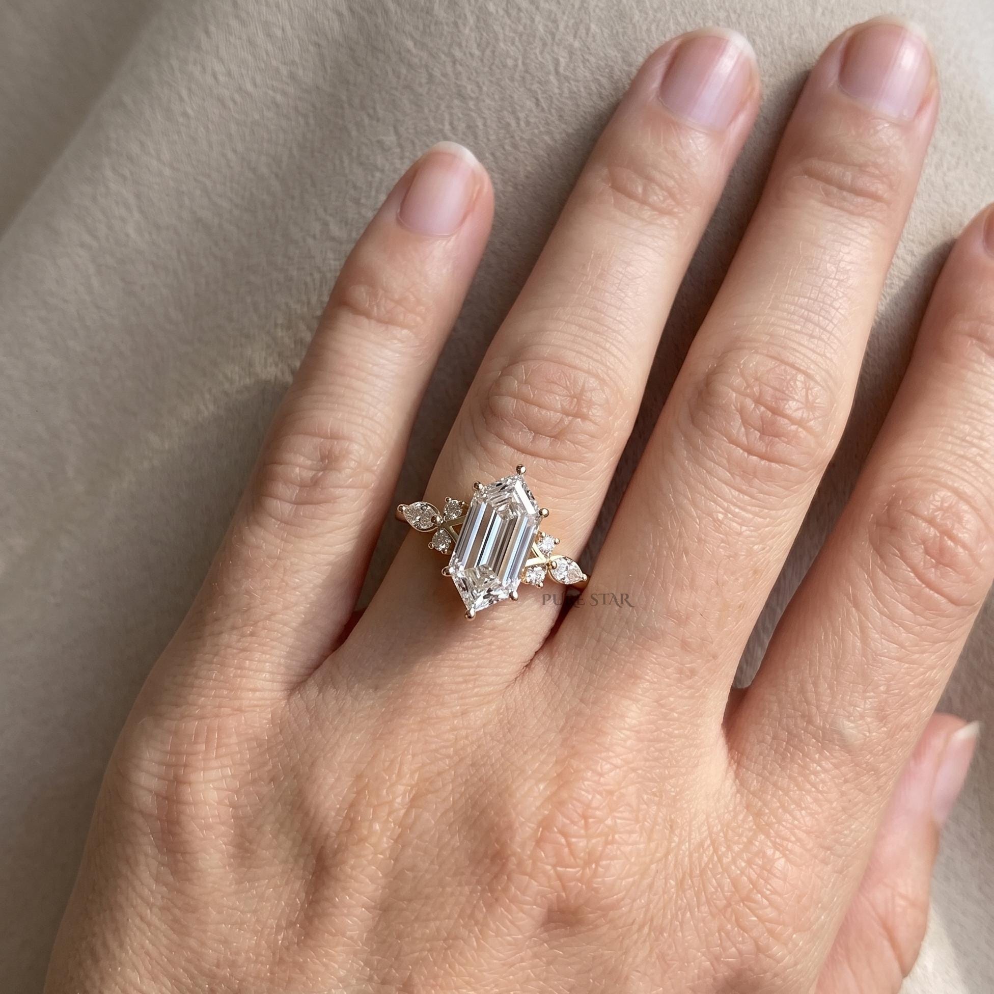 2 Carat Elongated Hexagon Cut Lab Grown Diamond Ring, IGI Certified Engagement Ring, Unique Geometric Wedding Ring for Women, 14K 18K Gold