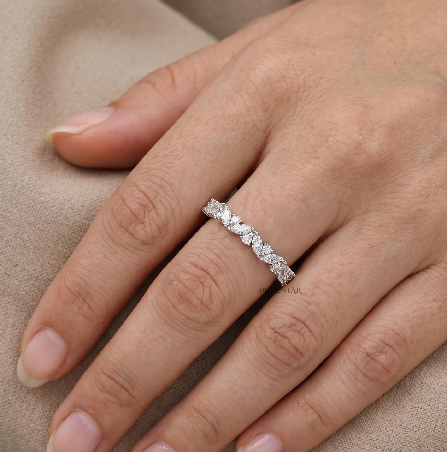 Lab Grown Diamond Half Eternity Band, Marquise & Round Diamond Wedding Band, 14K Gold Anniversary Ring, Stacking Band, Bridal Set Ring Gift