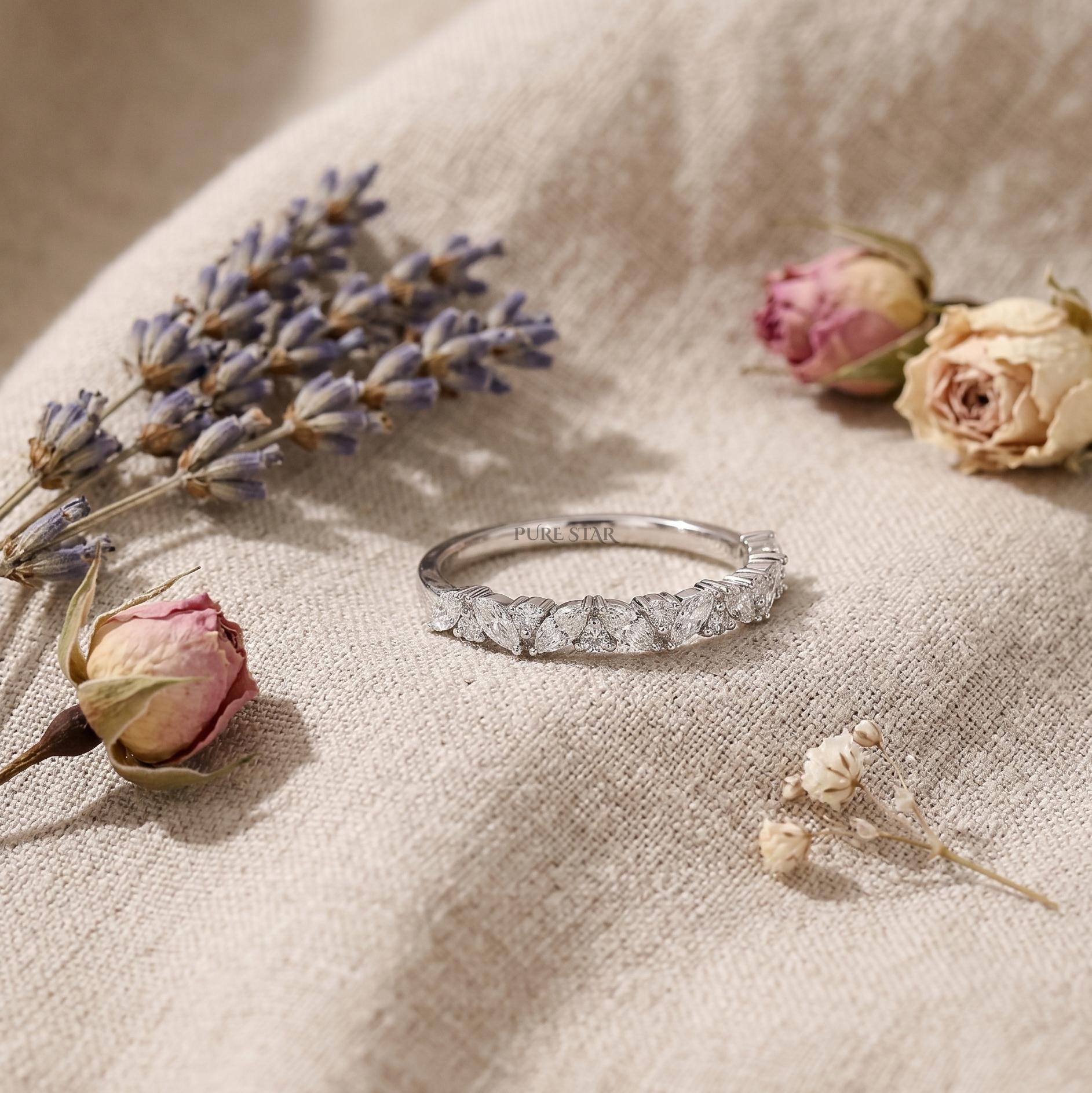 Lab Grown Diamond Half Eternity Band, Marquise & Round Diamond Wedding Band, 14K Gold Anniversary Ring, Stacking Band, Bridal Set Ring Gift