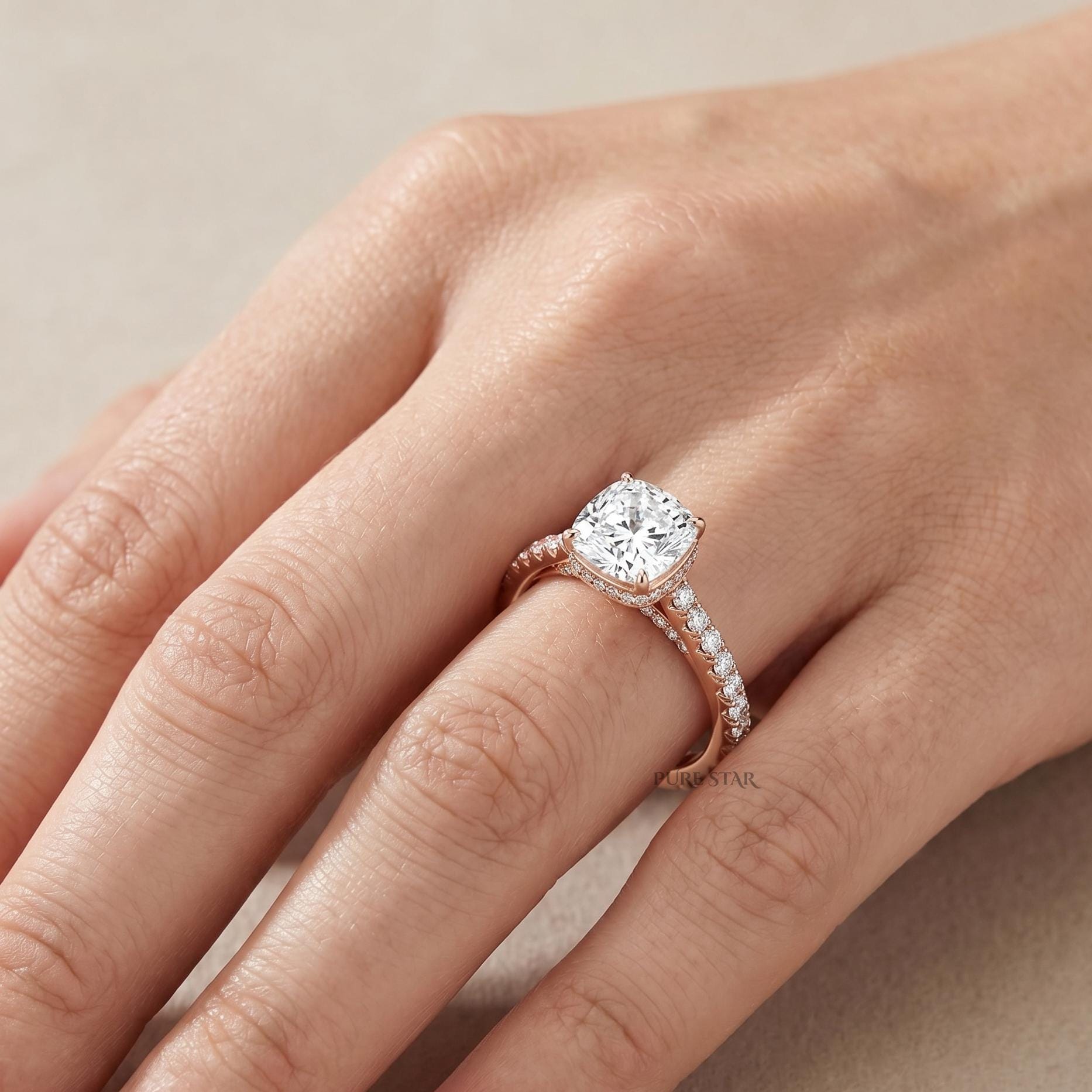 2 carat DE Color VVSVS Clarity IGI Certified Cushion Cut Lab Grown Diamond Hidden Halo Engagement Ring Set, Matching Diamond Band For Her