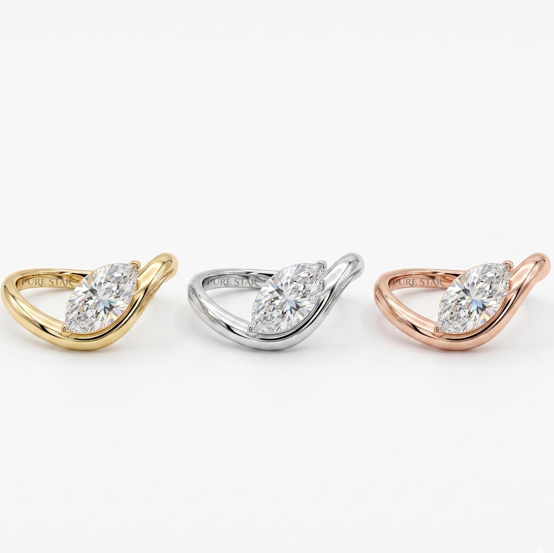Marquise Lab Grown Diamond Engagement Ring, 14K, 18K Gold Solitaire Ring, Elongated Diamond Ring, Bridal Ring, Handmade Promise Ring Gift