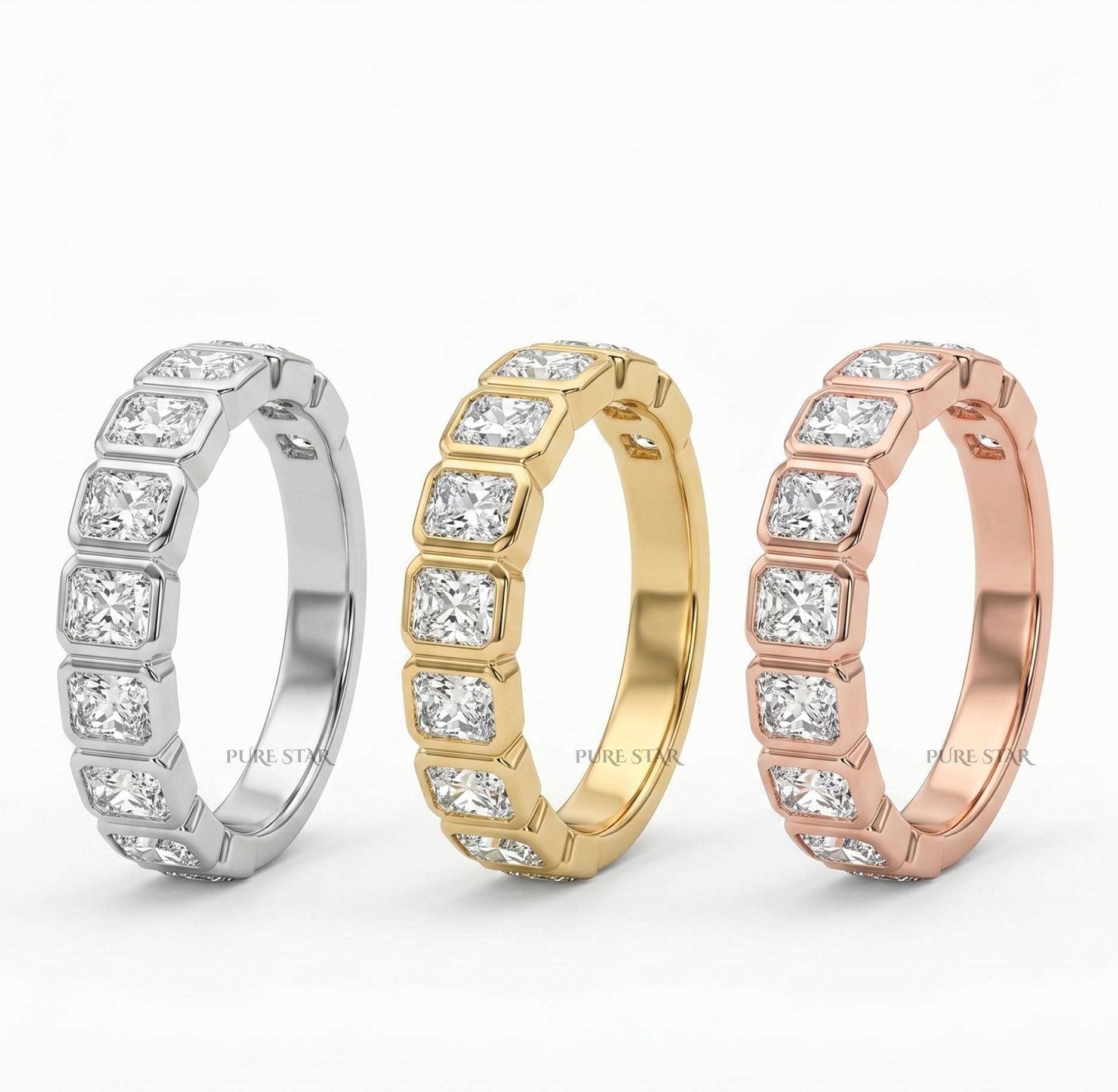Radiant Cut Lab Grown Diamond Wedding Band 14K Yellow Gold Bezel Set Eternity Band Stackable Anniversary Ring for Her