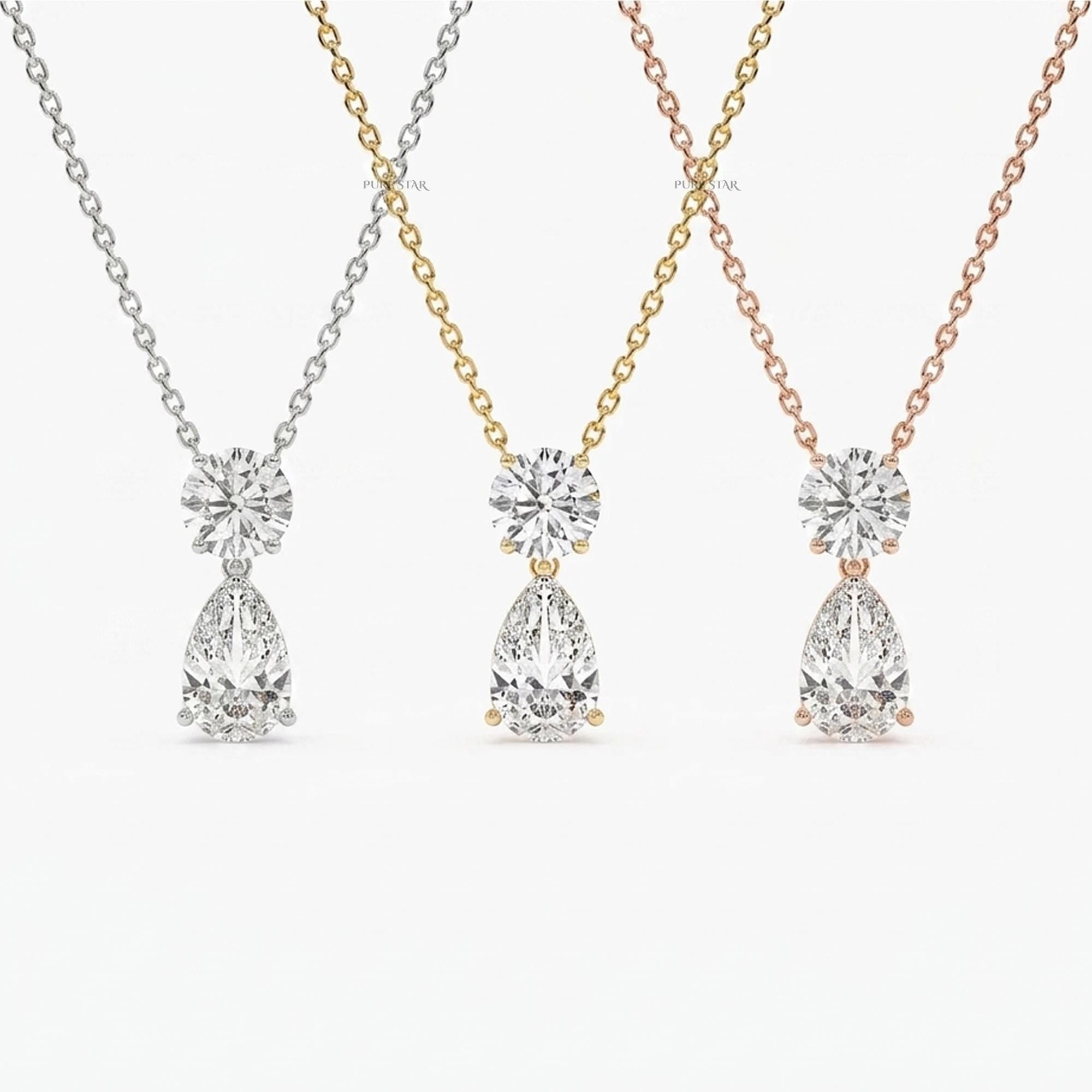 1.25 CTW Lab Grown Diamond Necklace Pear & Round Cut | 14K Gold Teardrop Pendant | Minimalist Dainty Diamond Necklace | Bridal Gift for Her