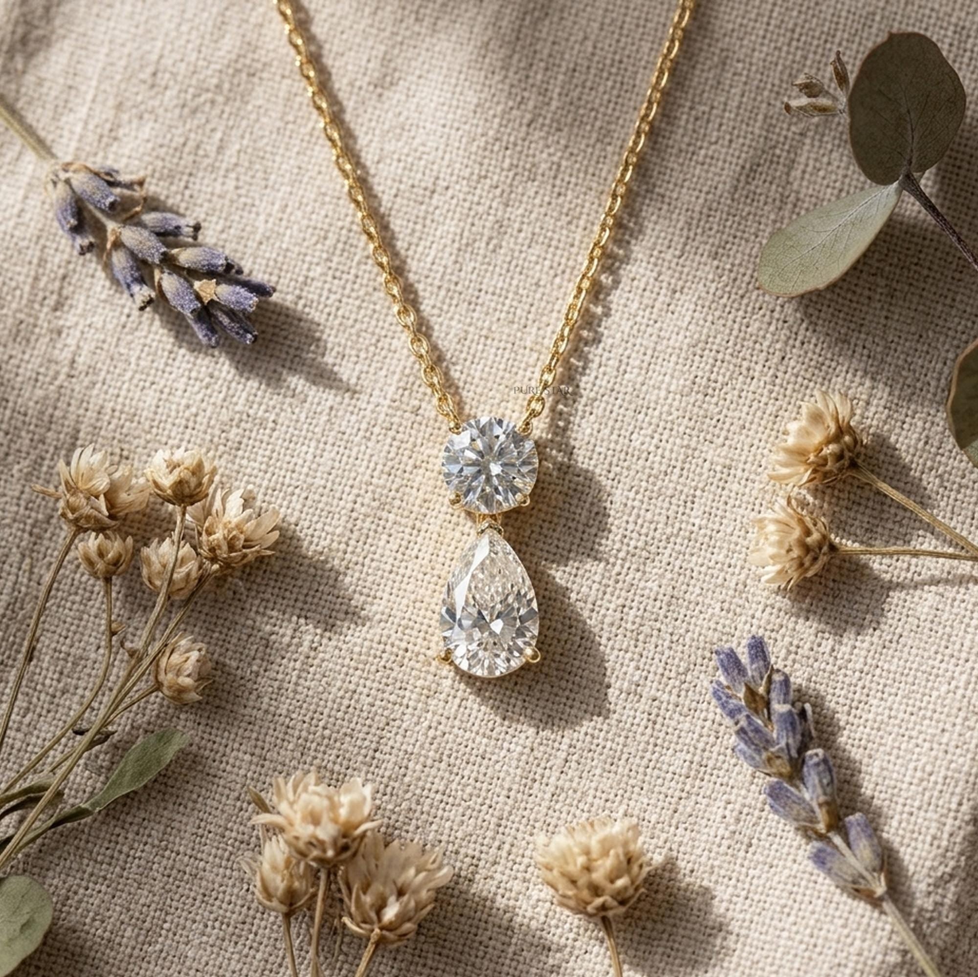 1.25 CTW Lab Grown Diamond Necklace Pear & Round Cut | 14K Gold Teardrop Pendant | Minimalist Dainty Diamond Necklace | Bridal Gift for Her