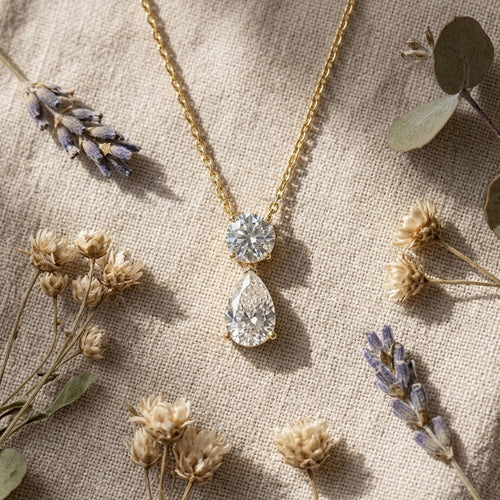 1.25 CTW Lab Grown Diamond Necklace Pear & Round Cut | 14K Gold Teardrop Pendant | Minimalist Dainty Diamond Necklace | Bridal Gift for Her