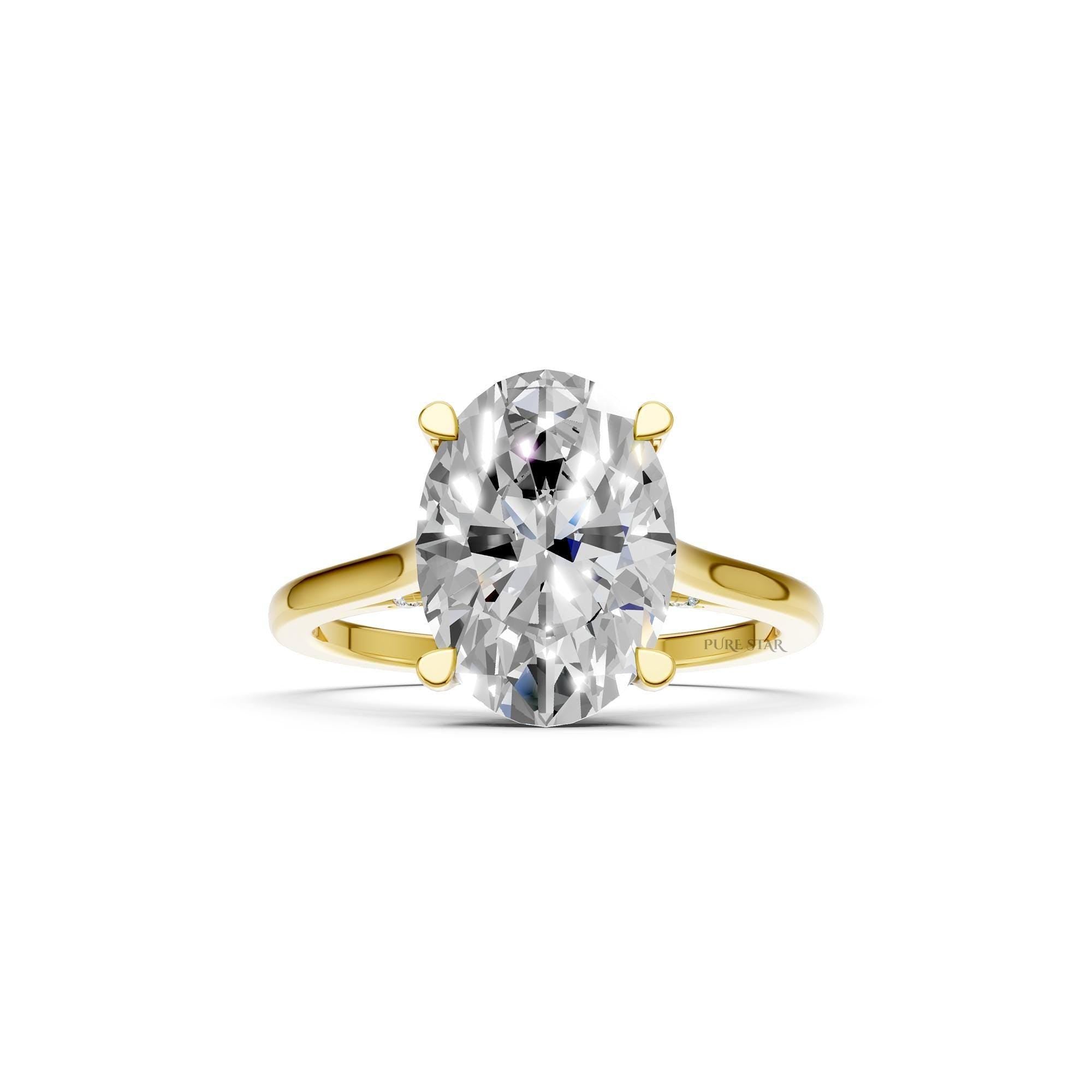 Oval Cut Halo Lab Grown Diamond Engagement Ring in 14K Solid Yellow Gold, Delicate Hidden Halo Bridal Ring, Unique Promise Ring for Women
