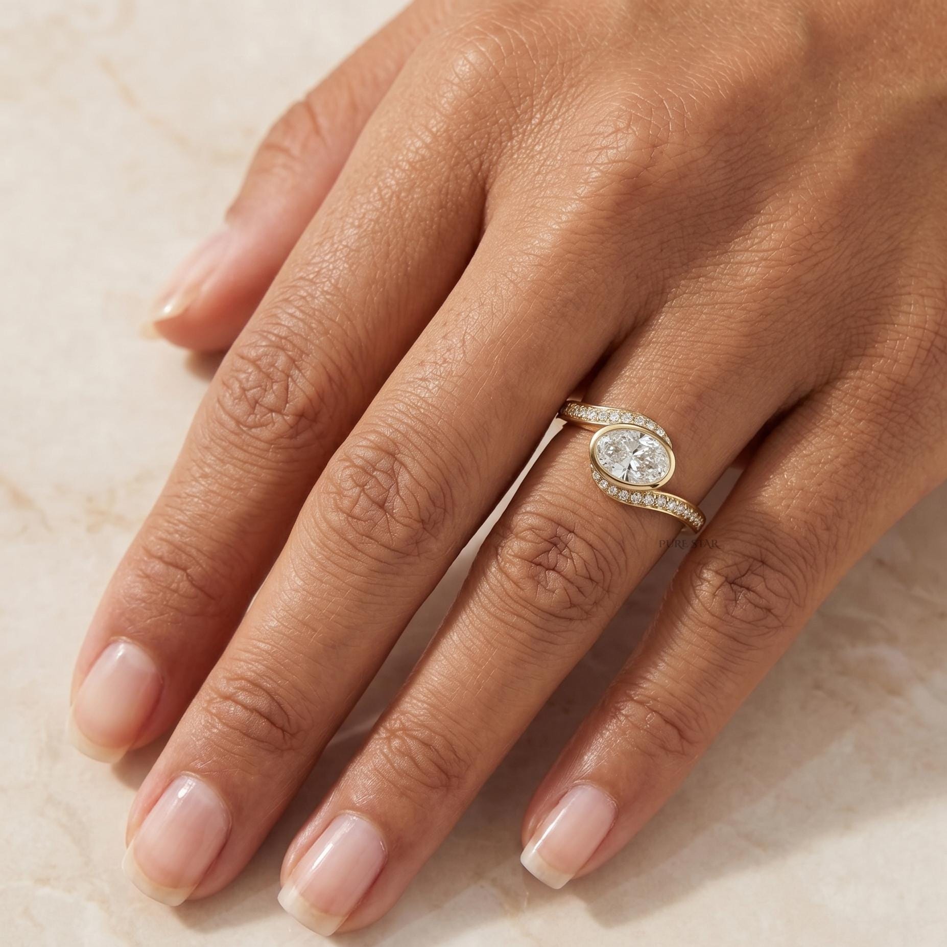 1.2 Carat Oval Lab Grown Diamond Ring 14K Gold, Vintage Bezel Bypass Engagement Ring, EF/ VVS-VS Anniversary Promise Ring