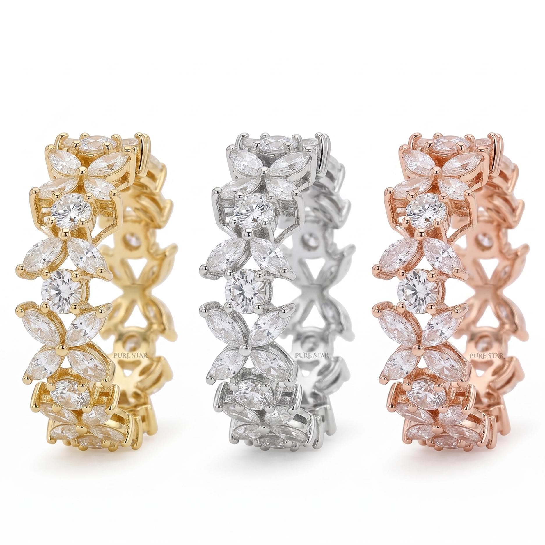 Real Lab Grown Diamond Flower Ring, Marquise Round Full Eternity Band, Floral Wedding Ring, Anniversary Gift for Her