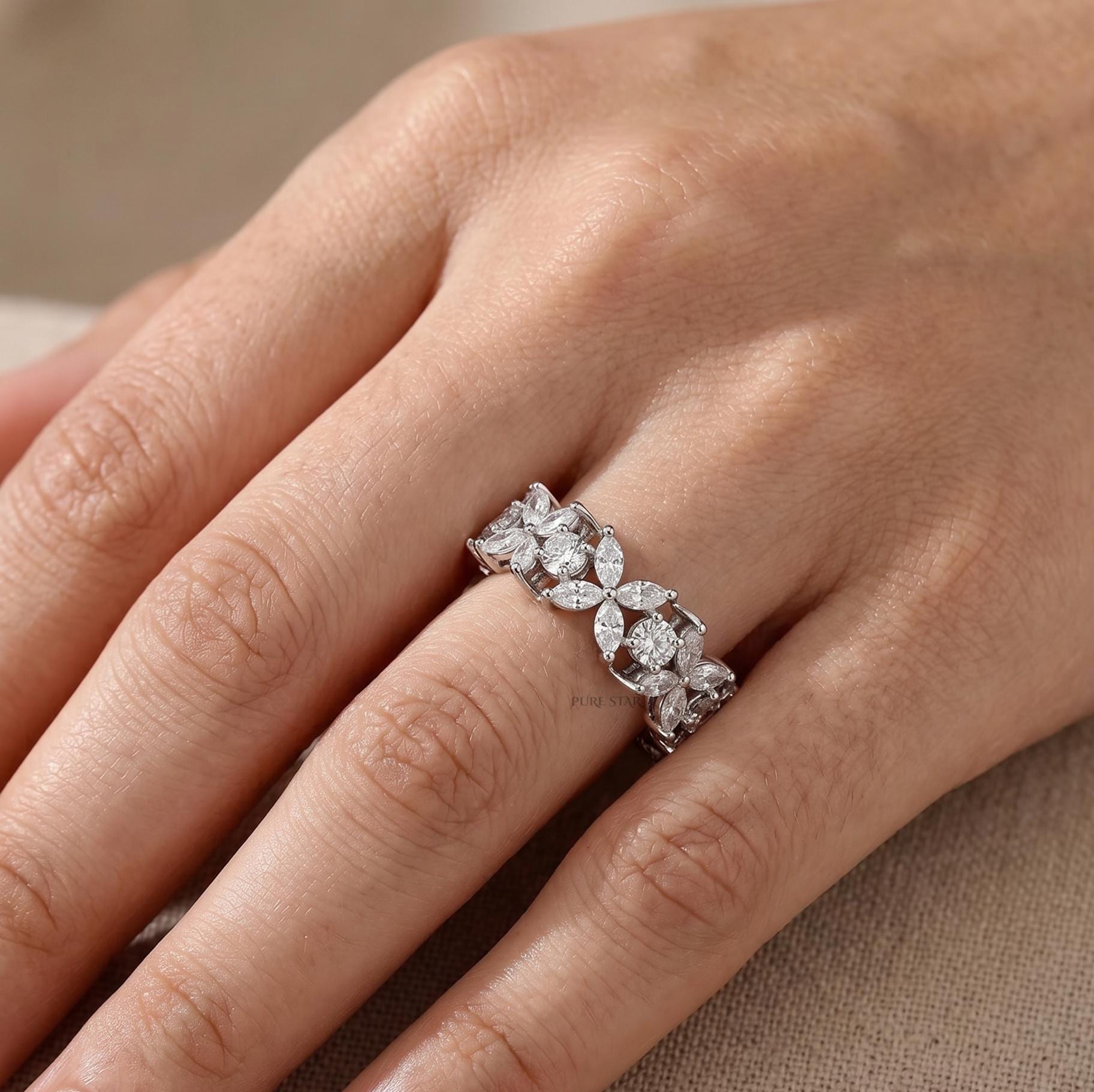 Real Lab Grown Diamond Flower Ring, Marquise Round Full Eternity Band, Floral Wedding Ring, Anniversary Gift for Her