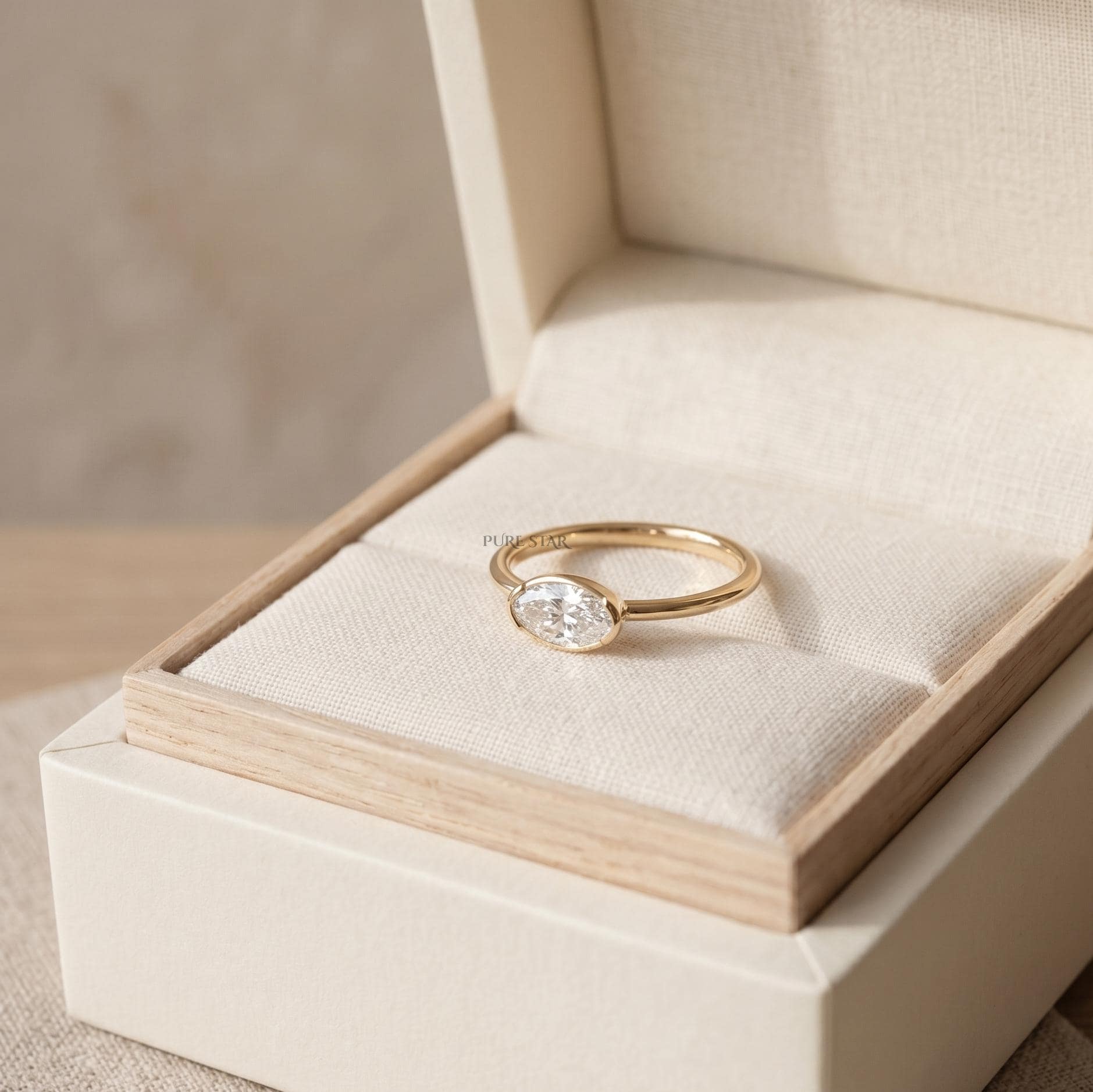 Oval Lab Grown Diamond Half Bezel Ring in Solid Gold, Dainty Oval Diamond Ring, Minimalist Wedding Band, Thin Pinky Ring, Anniversary Ring