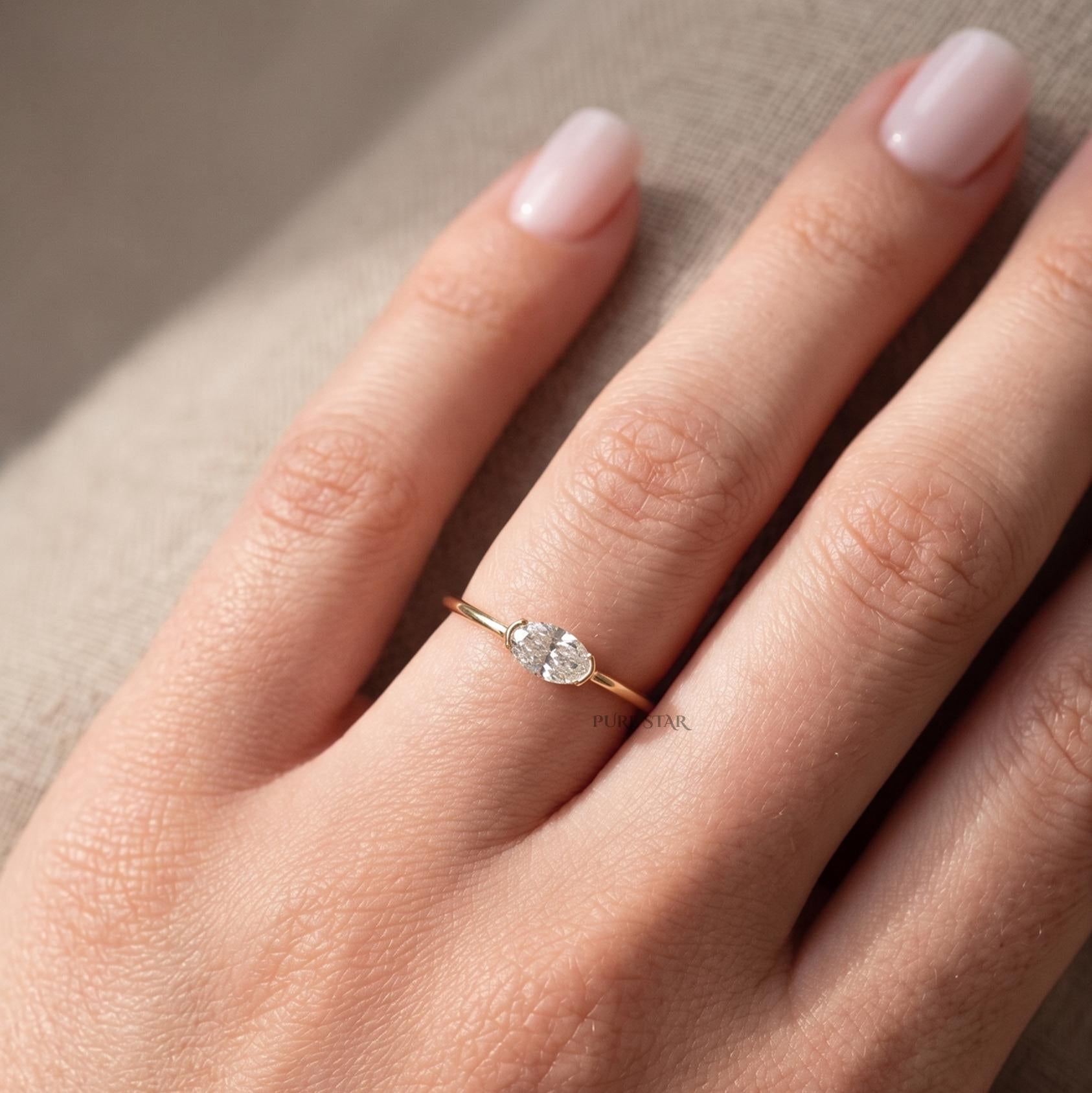 Oval Lab Grown Diamond Half Bezel Ring in Solid Gold, Dainty Oval Diamond Ring, Minimalist Wedding Band, Thin Pinky Ring, Anniversary Ring