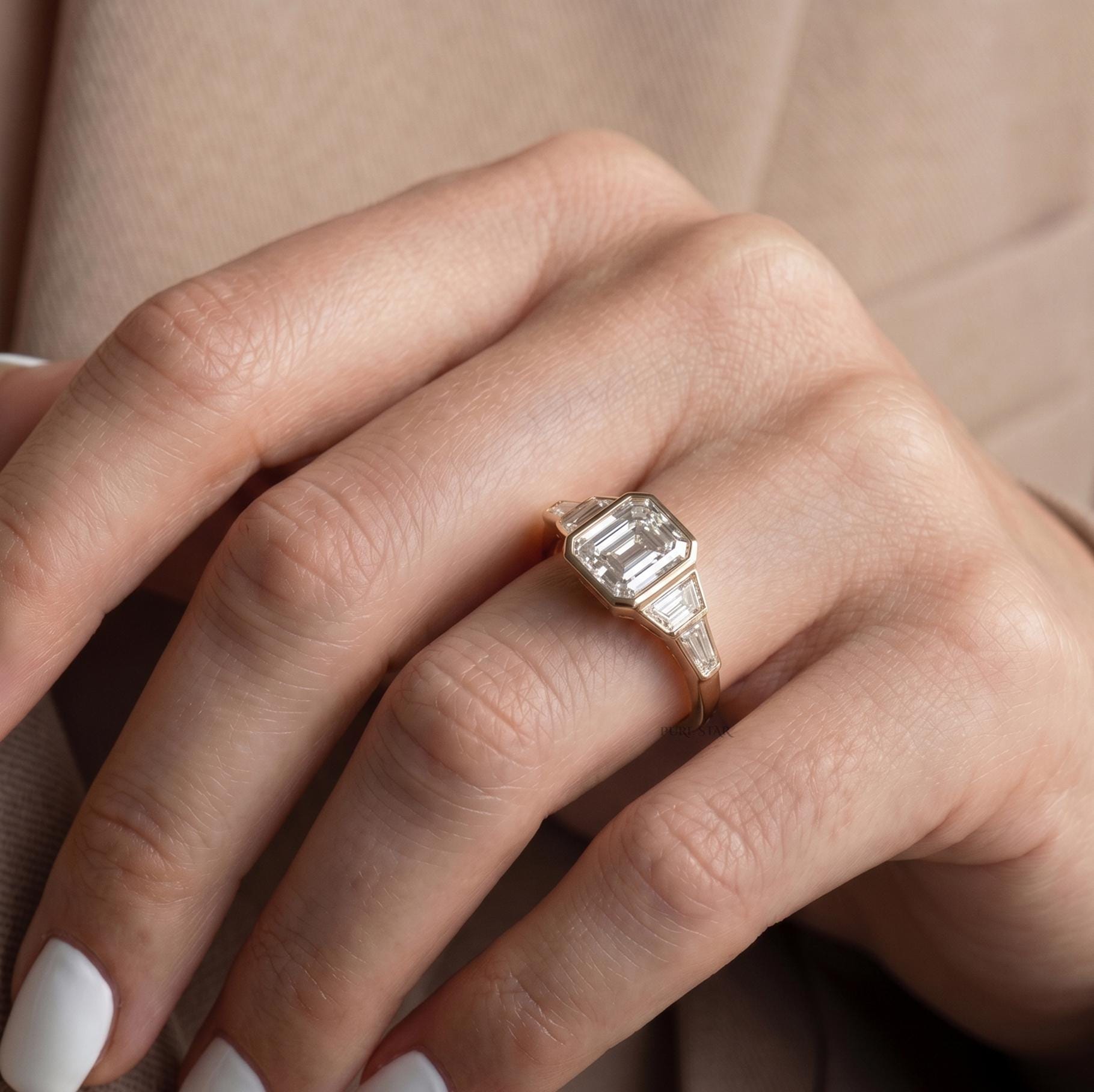 1.75CT Asscher Cut Lab Grown Diamond Five Stone Ring, IGI Certified CVD Diamond Engagement Ring, Bezel Set 14K Gold Wedding Ring