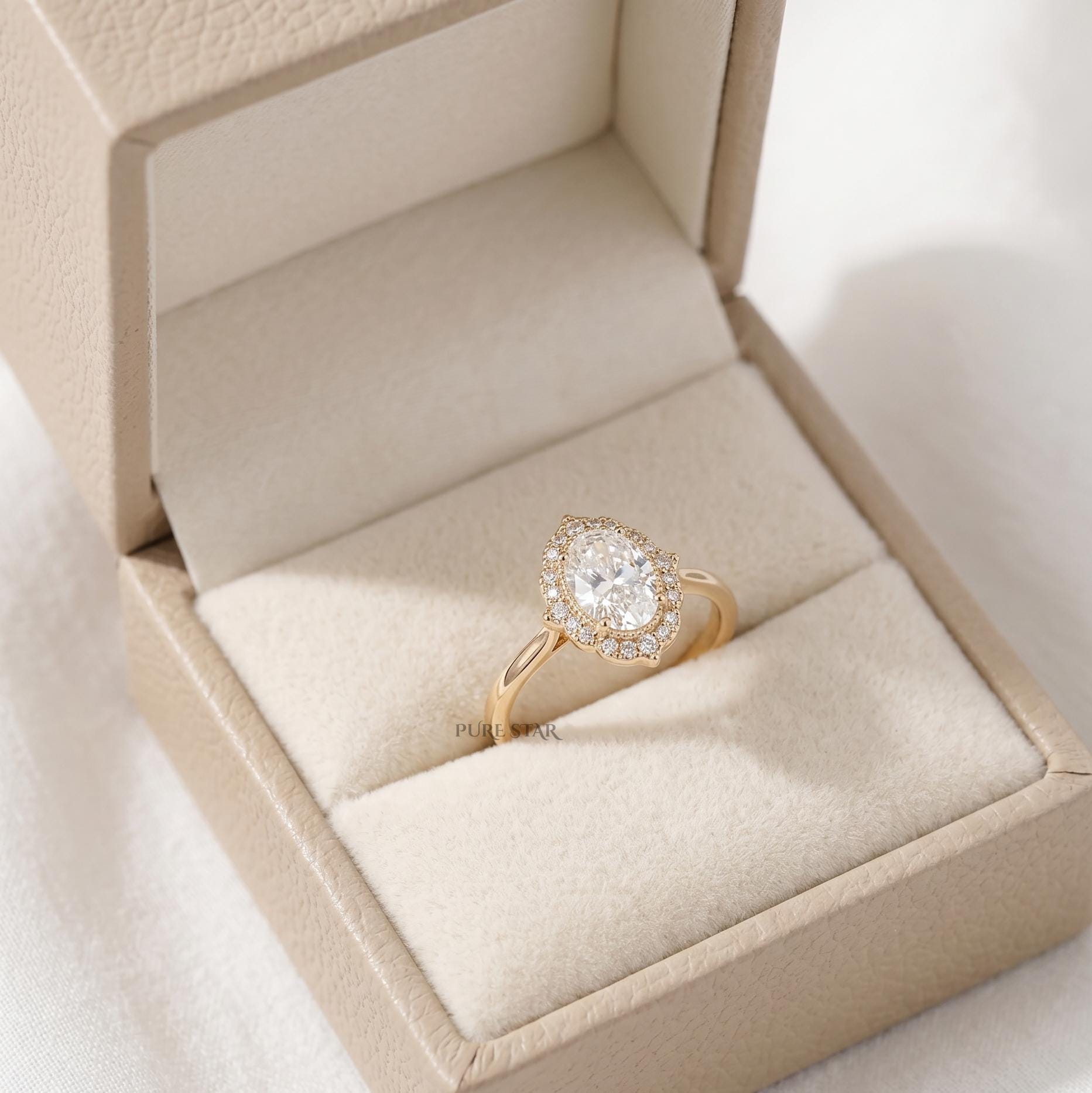 Oval Cut Lab Grown Diamond Ring 14K Gold Halo Engagement Ring Vintage Wedding Ring Anniversary Gift for Her Bridal Ring