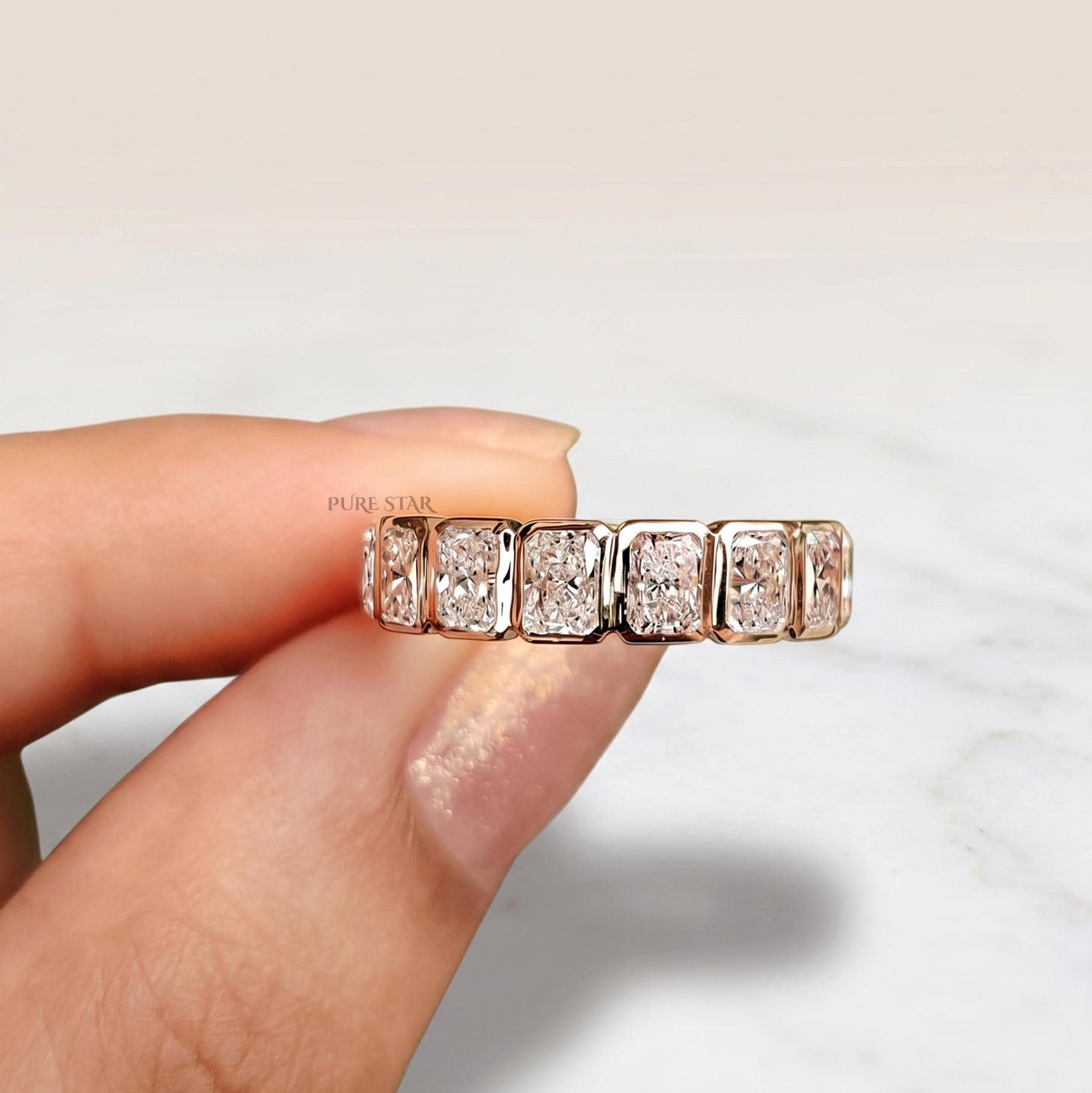 Radiant Cut Lab Grown Diamond Wedding Band 14K Yellow Gold Bezel Set Eternity Band Stackable Anniversary Ring for Her