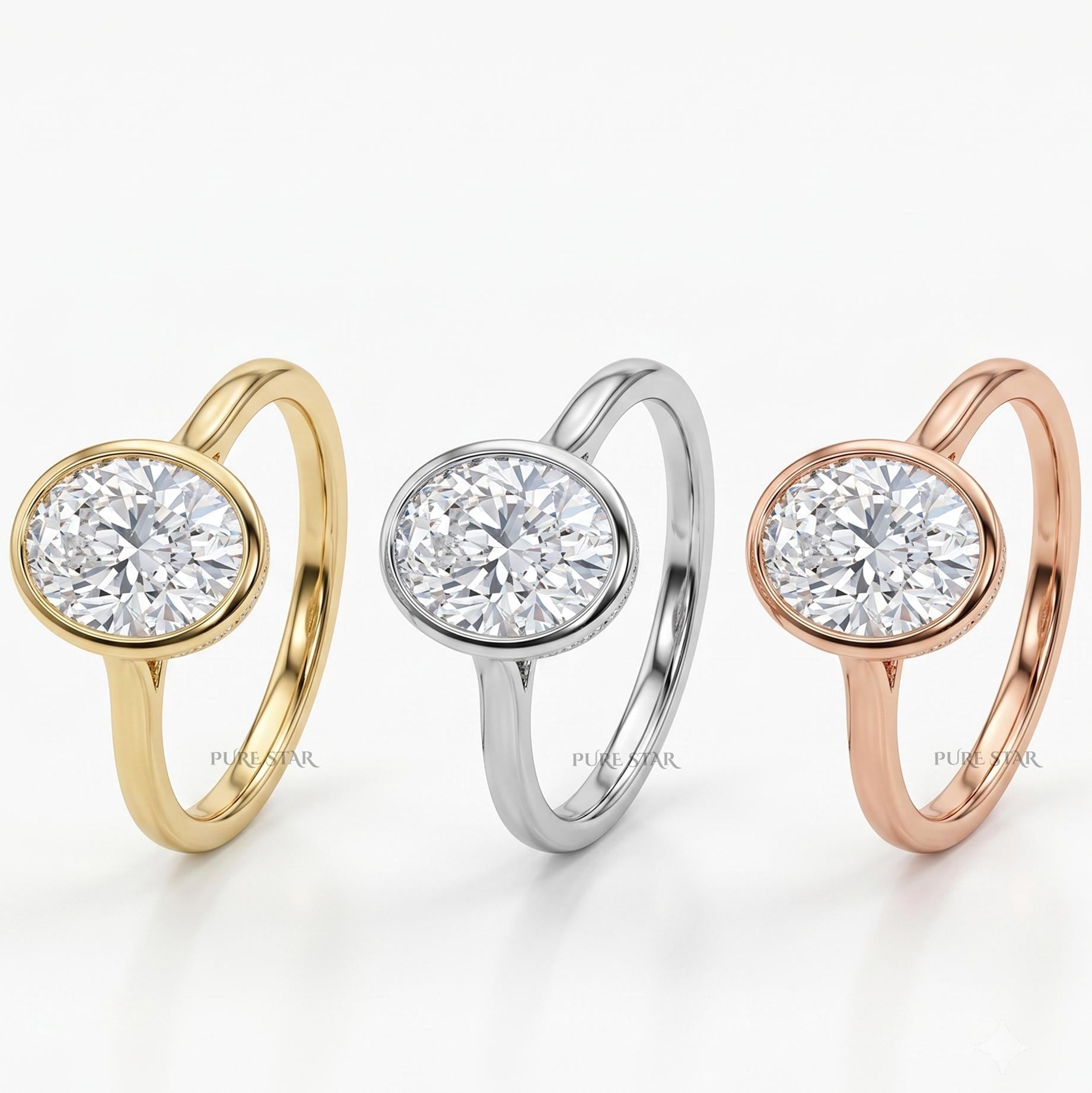 3 Carat Oval Lab Grown Diamond Bezel Engagement Ring, Hidden Halo Oval Diamond Ring, Yellow Gold Pave Bridge Ring, Bridal Ring Gift