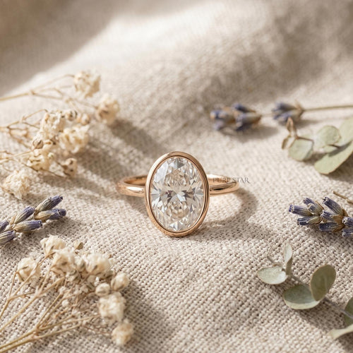 3 Carat Oval Lab Grown Diamond Bezel Engagement Ring, Hidden Halo Oval Diamond Ring, Yellow Gold Pave Bridge Ring, Bridal Ring Gift