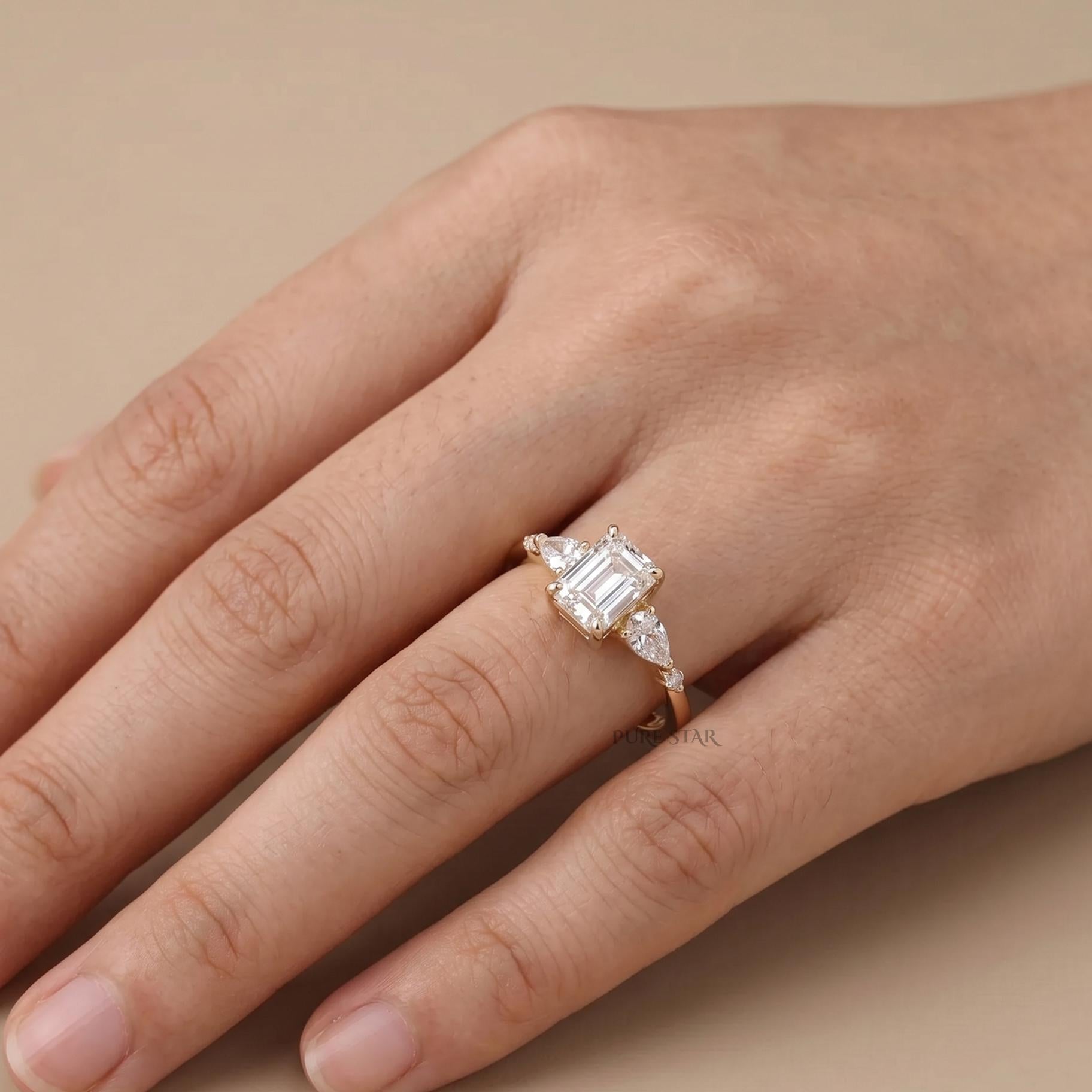 1.5 CT Emerald Cut Lab Grown Diamond Ring, 14K Yellow Gold Engagement Ring, Solitaire Wedding Ring for Women, Anniversary Promise Ring Gift