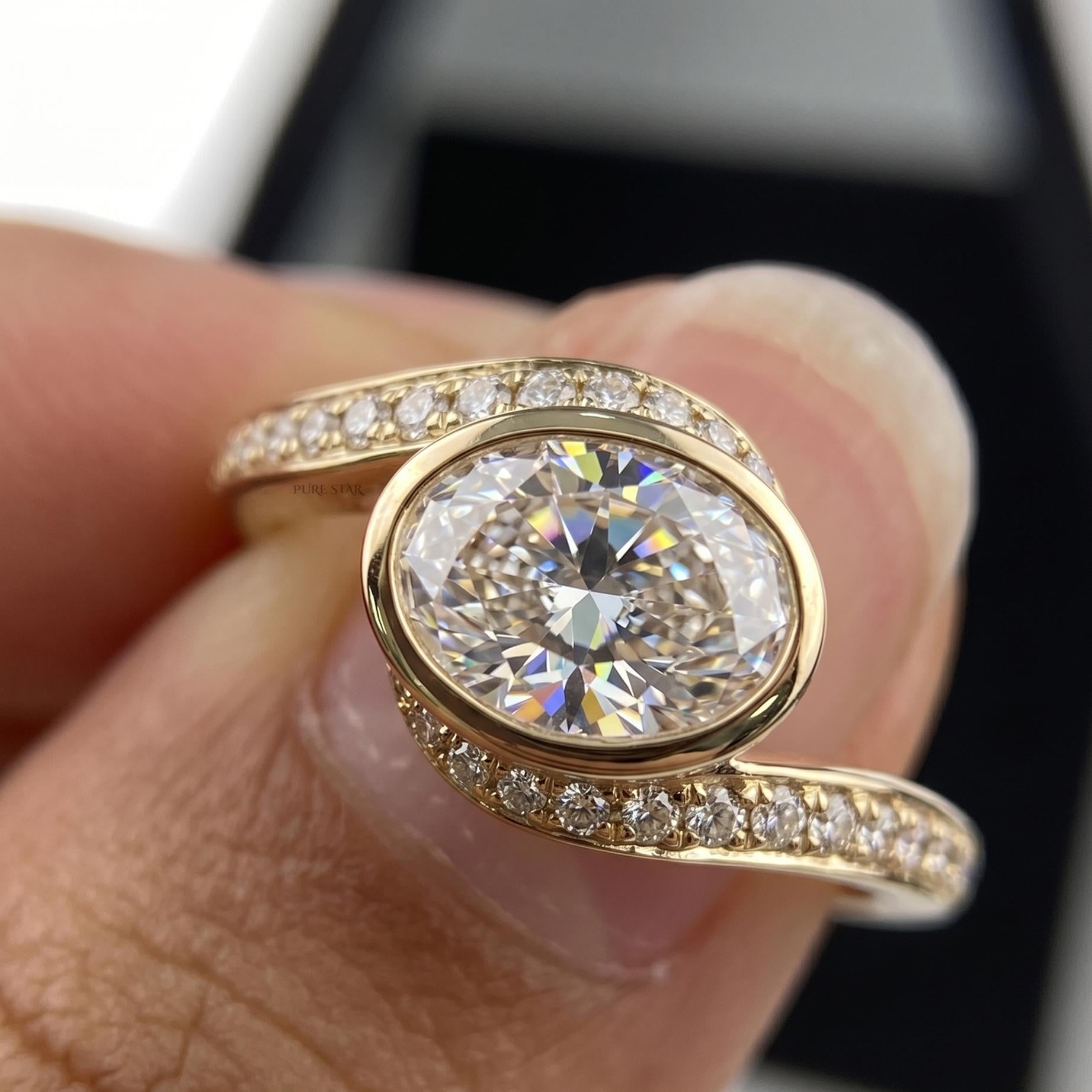 1.2 Carat Oval Lab Grown Diamond Ring 14K Gold, Vintage Bezel Bypass Engagement Ring, EF/ VVS-VS Anniversary Promise Ring